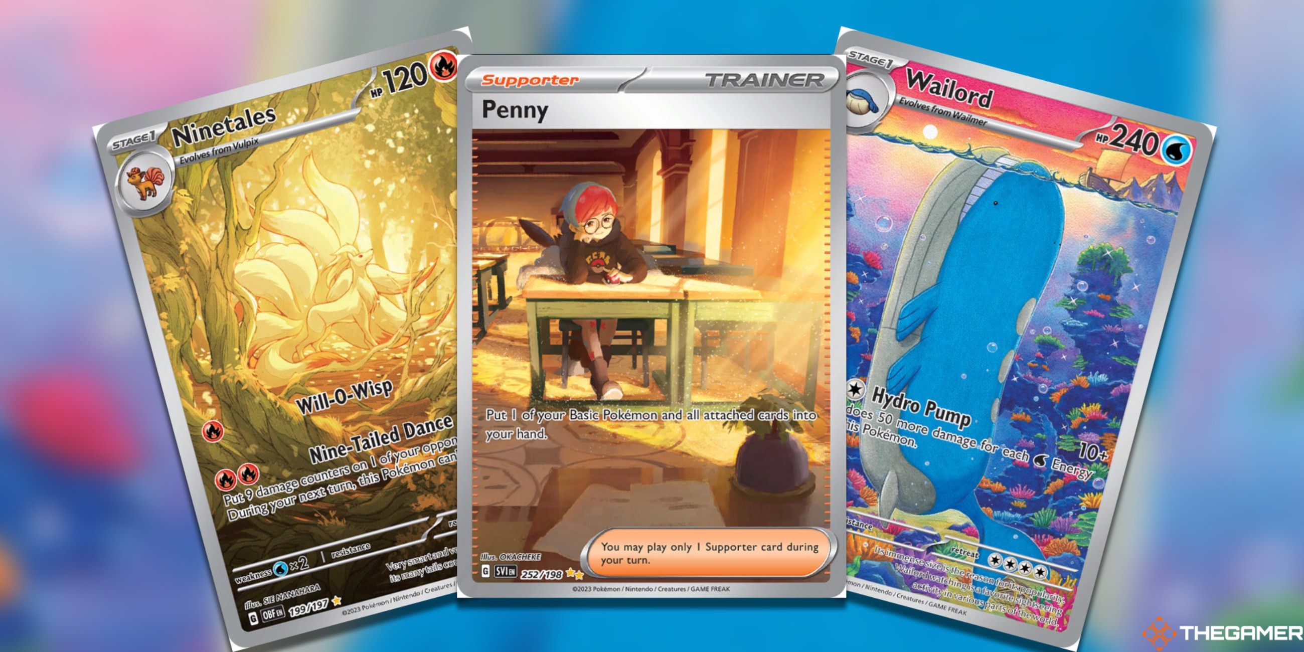 Three fanned-out cards: Ninetales Illustration Rare, Penny Special Illustration Rare, and Wailord Illustration Rare from the Pokemon TCG.