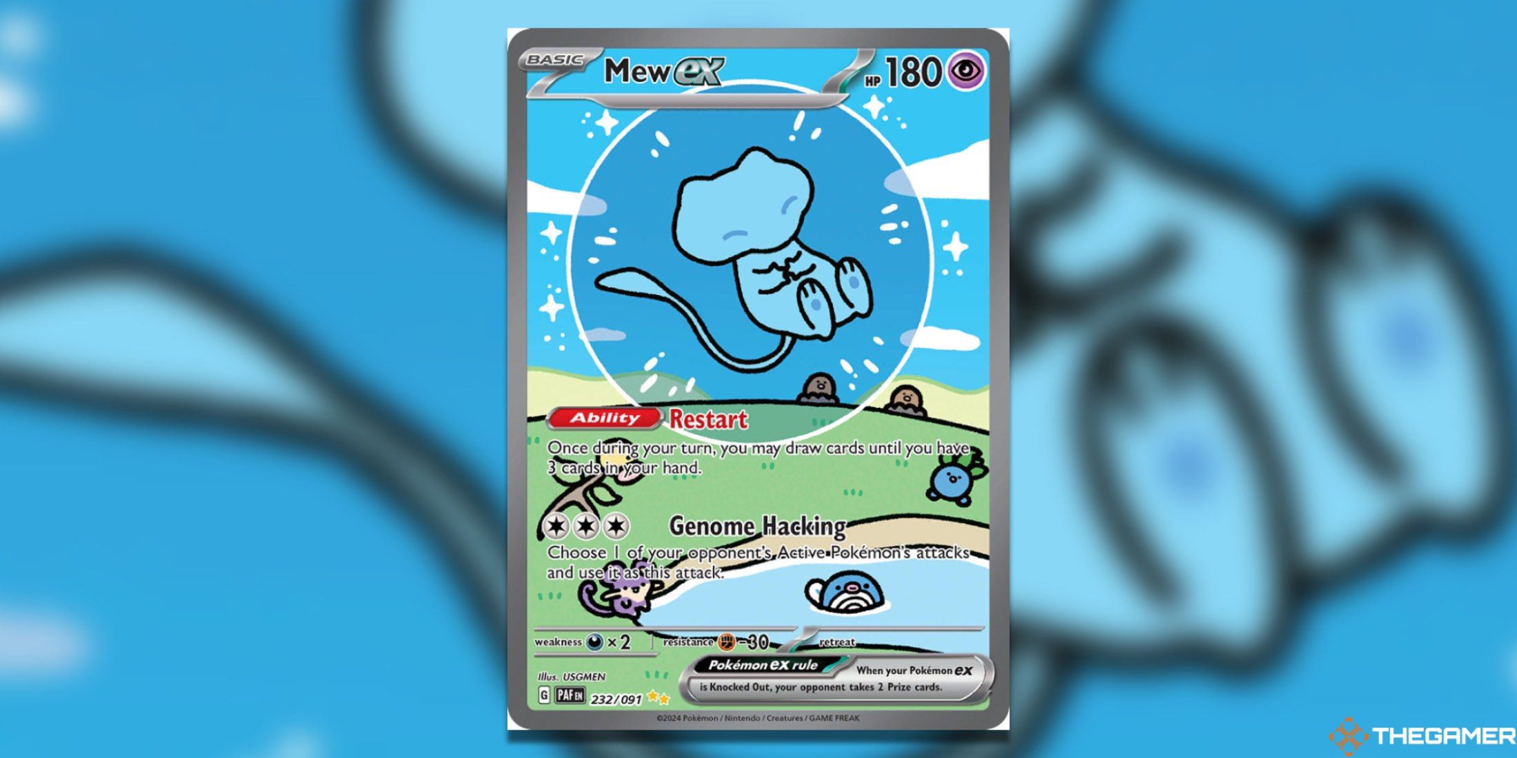 The Paldean Fates Mew ex SIR from the Pokemon TCG.