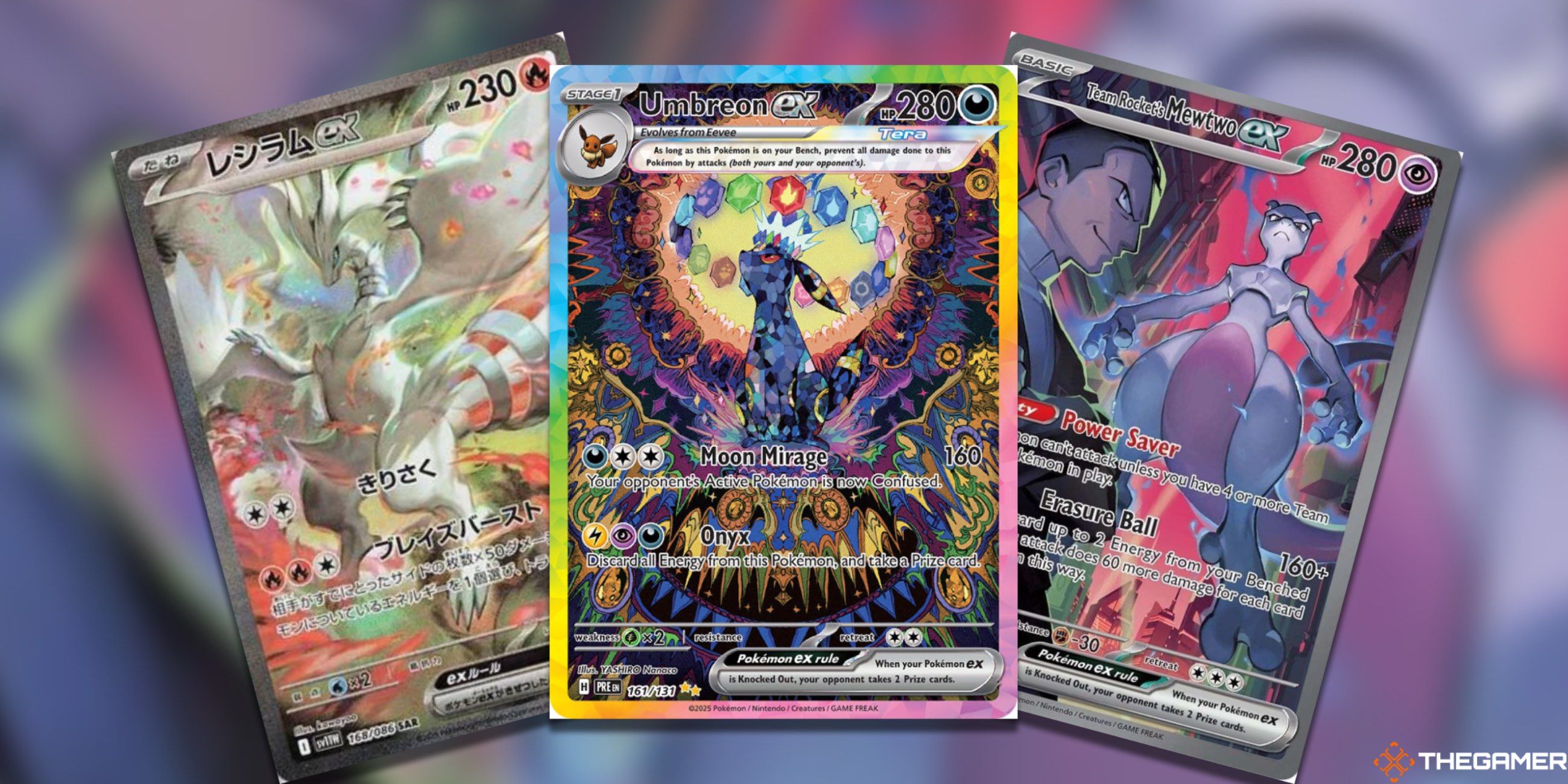 Three fanned out cards: the Reshiram ex Special Art Rare, Umbreon ex Special Illustration Rare, and Rocket's Mewtwo ex Special Illustration Rare from the Pokemon TCG.