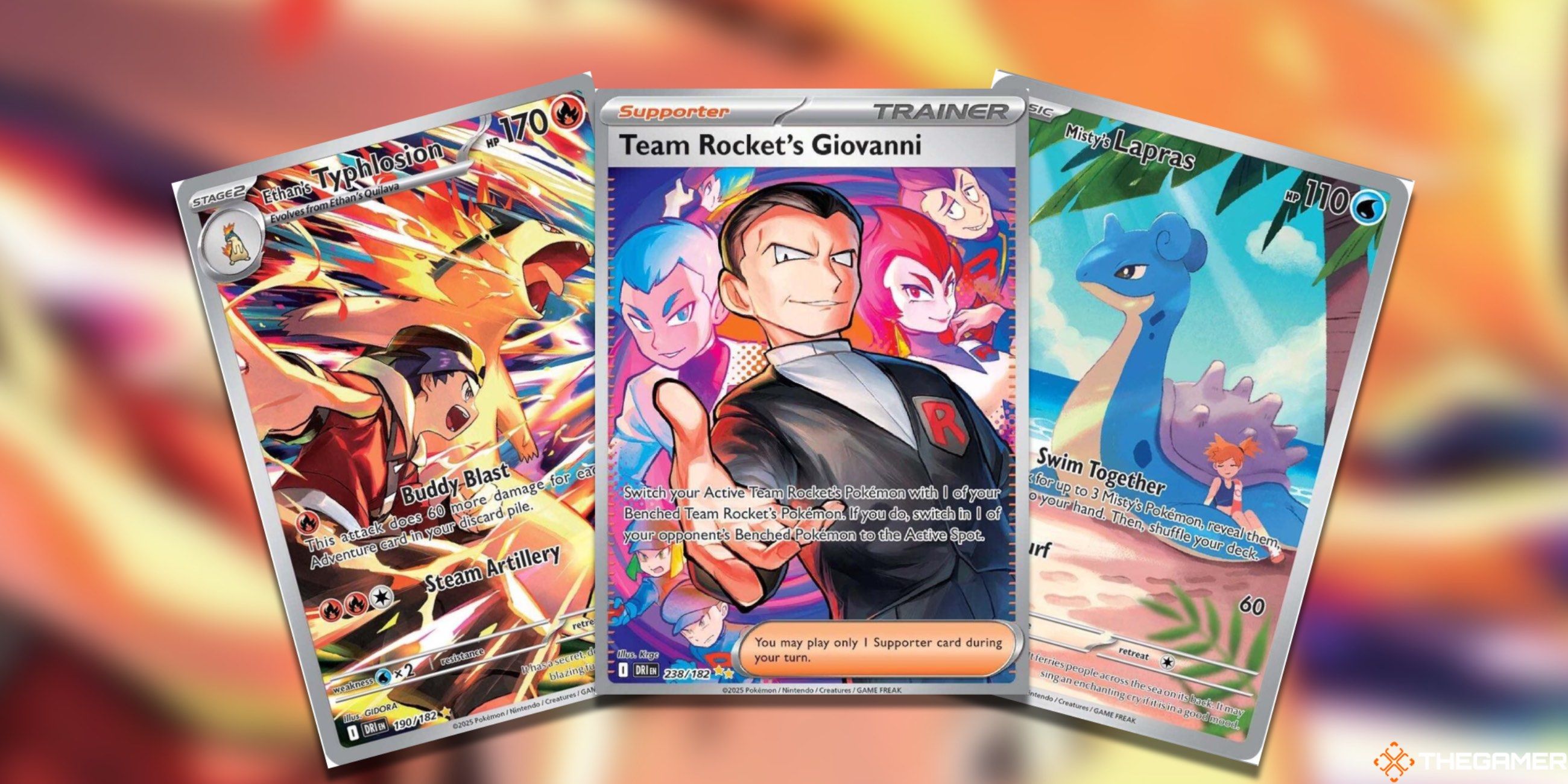 Destined Rivals Cards Ethan's Typhlosion, Team Rocket's Giovanni, and Misty's Lapras in the Pokemon TCG.