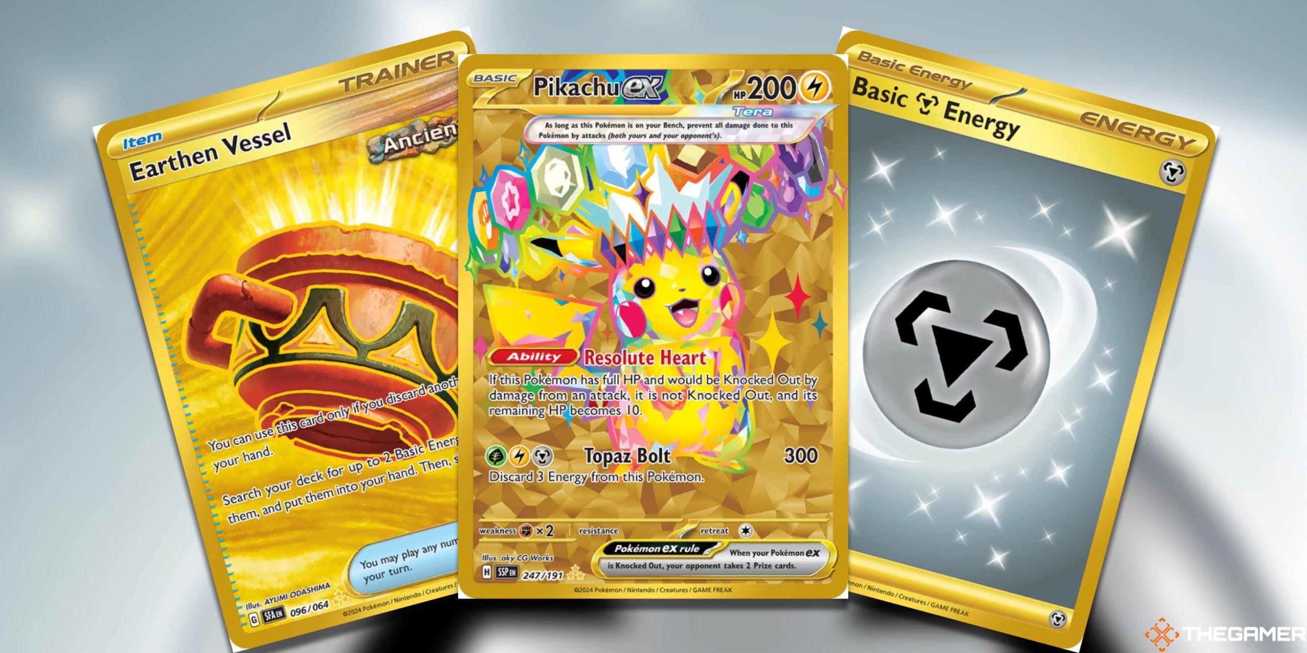 Three fanned out cards: The Earthen Vessel, Pikachu ex, and Basic Metal Energy Hyper Rares from the Pokemon TCG.