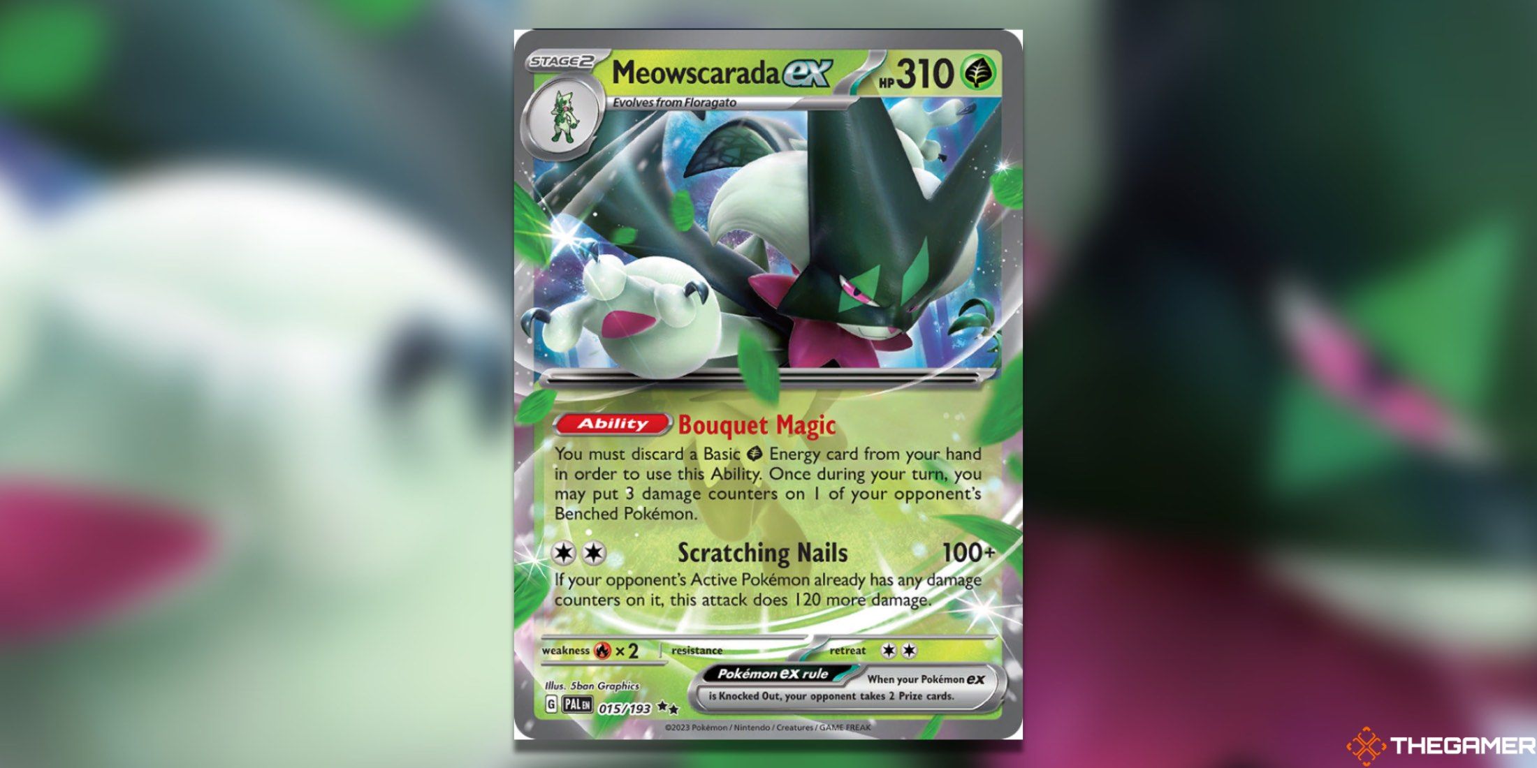 The Palea Evolved Meowscarada ex Double Rare in the Pokemon TCG.