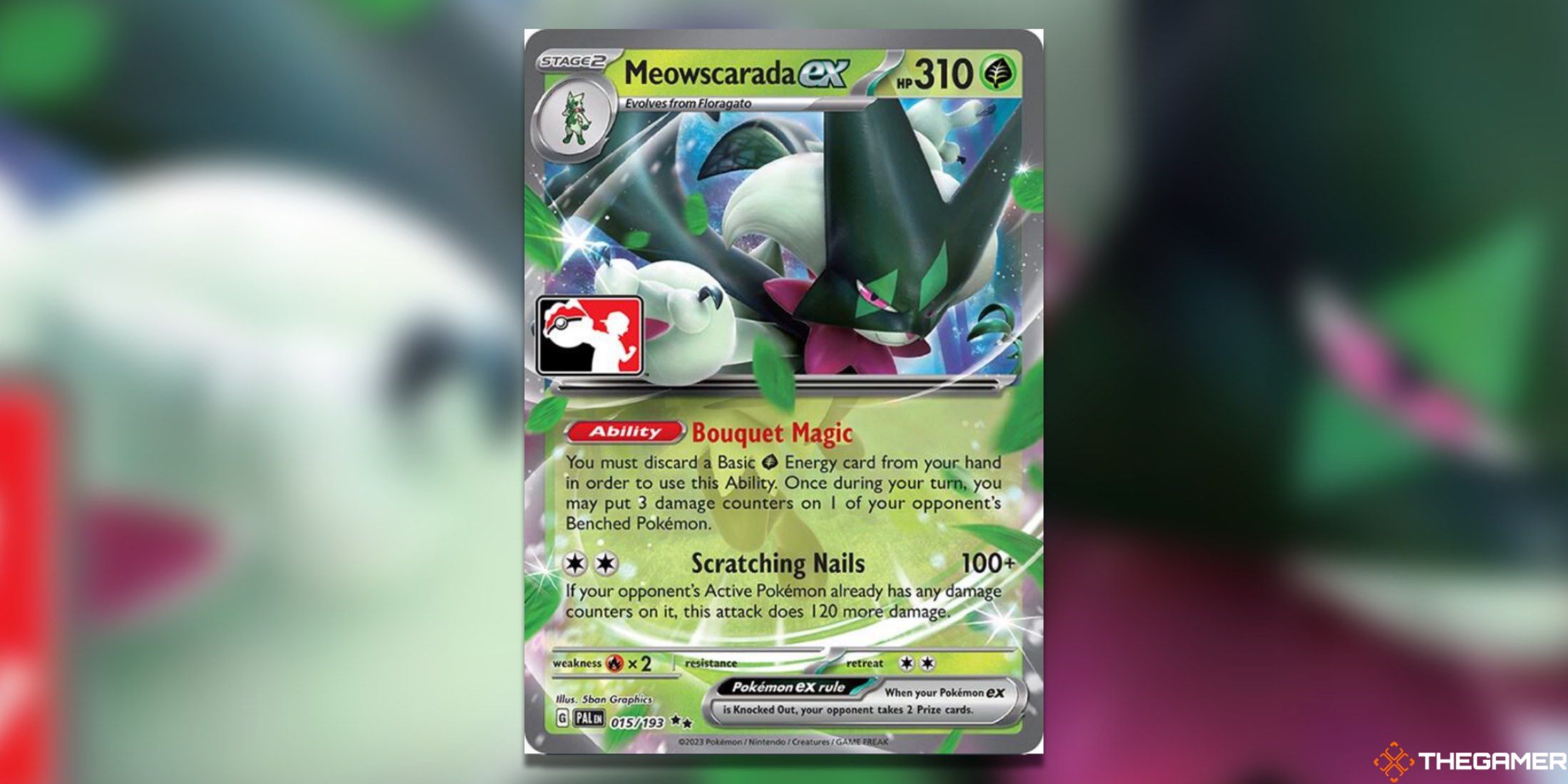 The Meowscarada Prize Pack Series Double Rare from the Pokemon TCG.