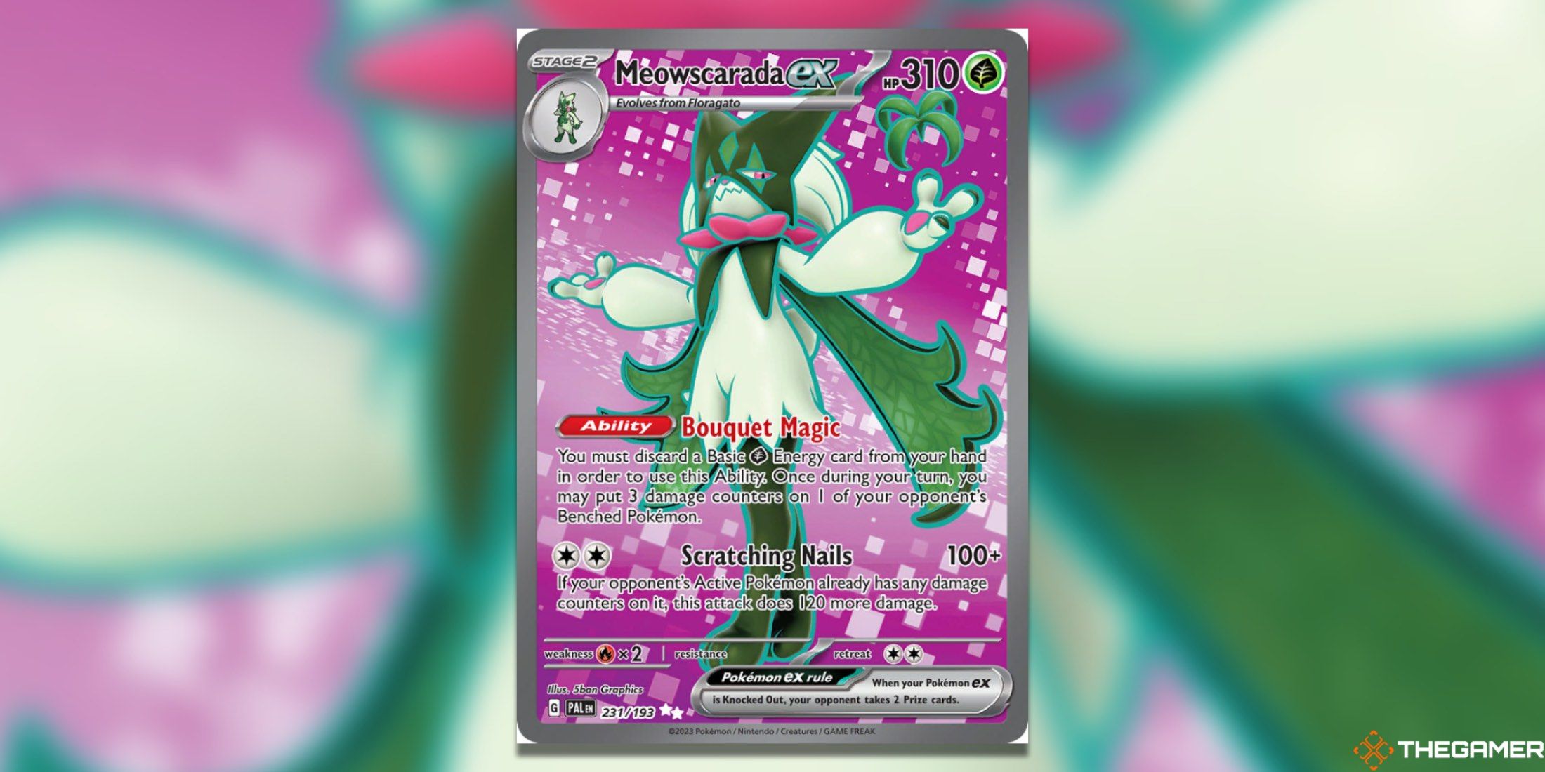 The Meowscarada Ultra Rare from Paldea Evolved in the Pokemon TCG.