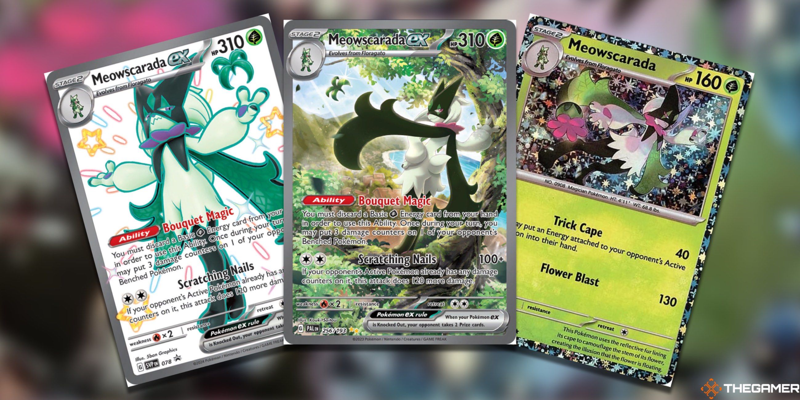 The Meowscarada ex Promo, Meowscarada ex Special Illustration Rare, and Meowscarada Sparkle Holo Rare from the Pokemon TCG fanned out.