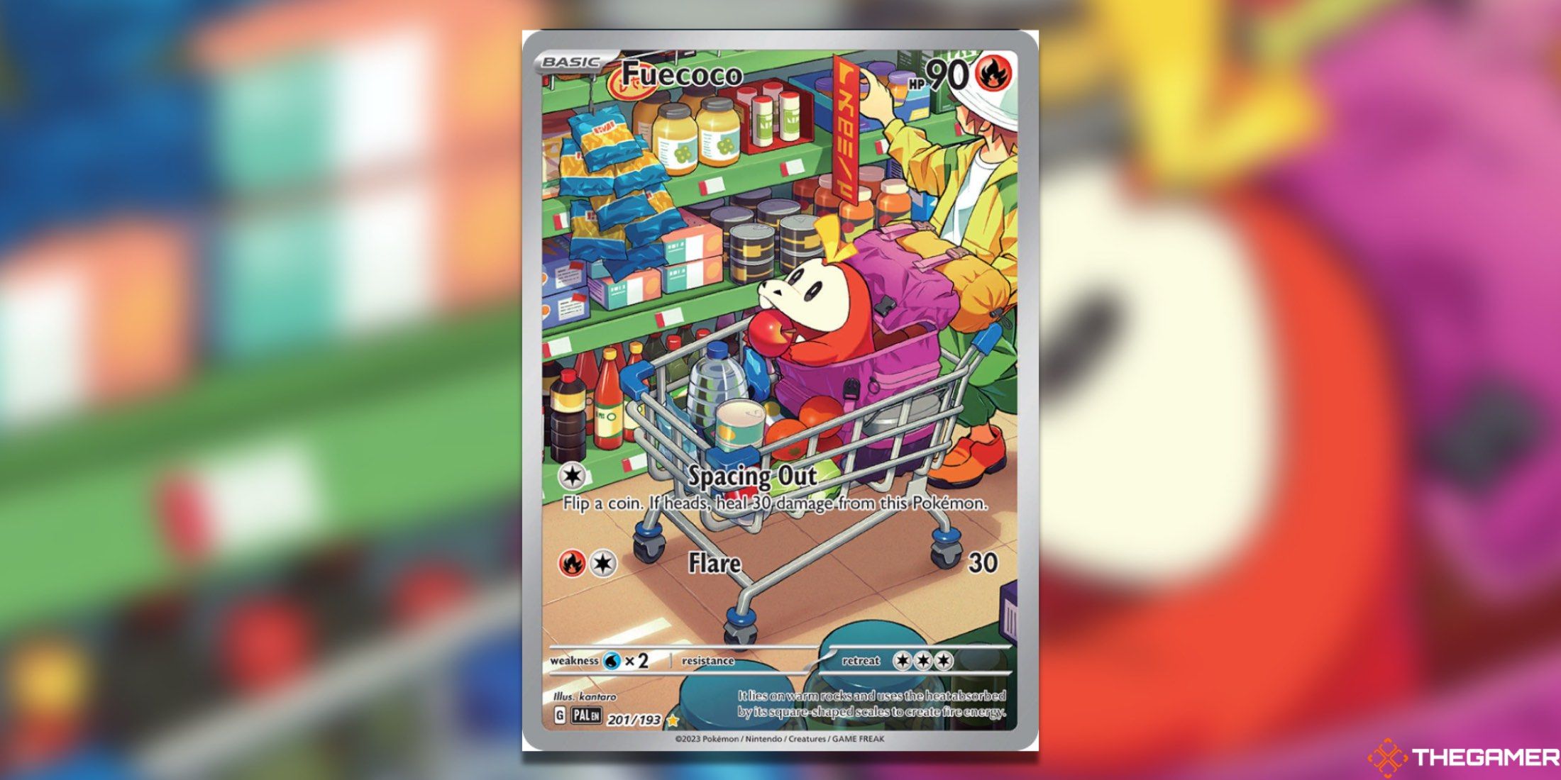 The Paldea Evolved Illustration Rare Fuecoco from the Pokemon TCG.