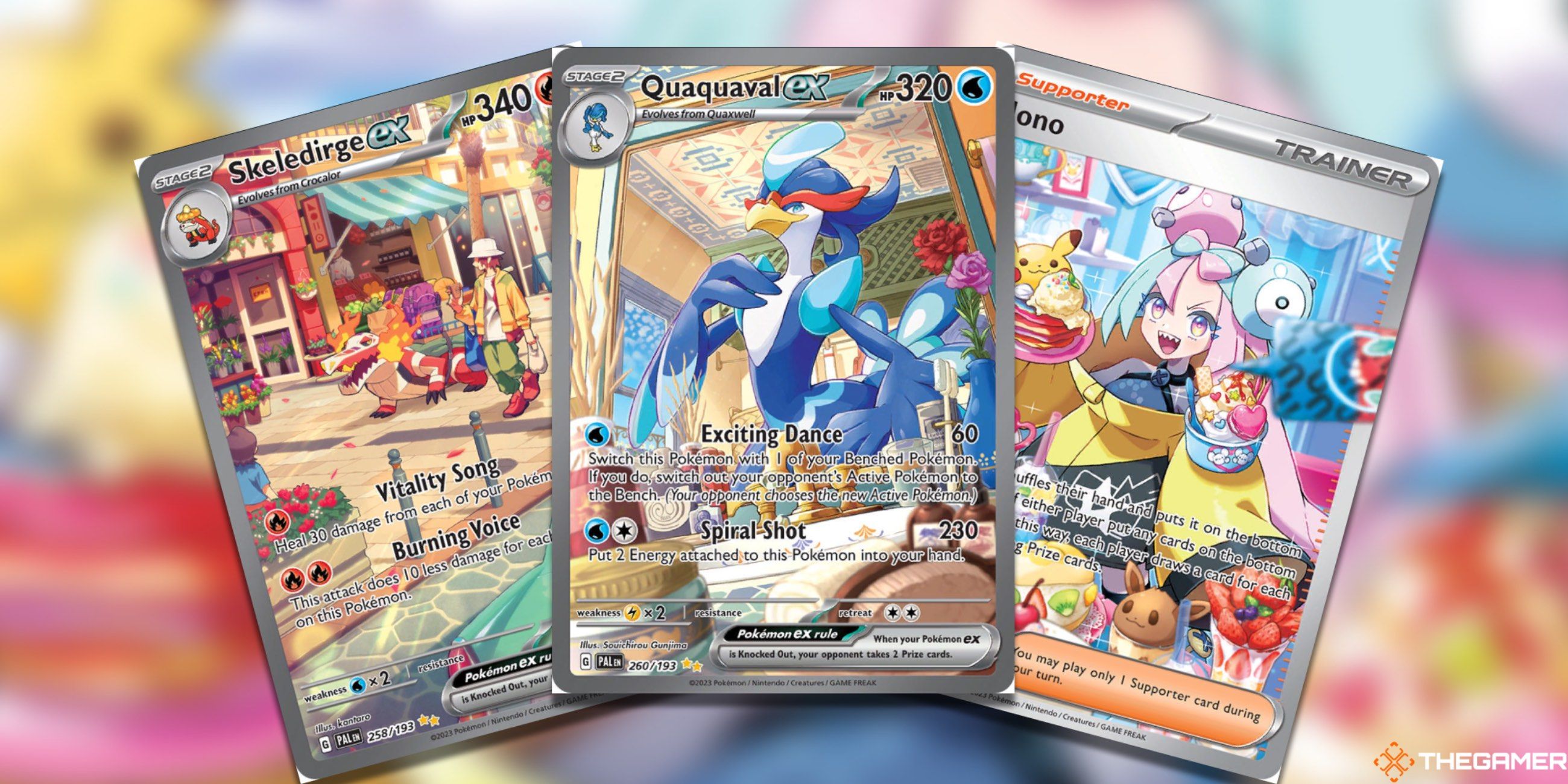 Three cards fanned out: The Skeledirge ex, Quaquaval ex, and Iono Special Illustration Rares from Paldea Evolved in the Pokemon TCG.