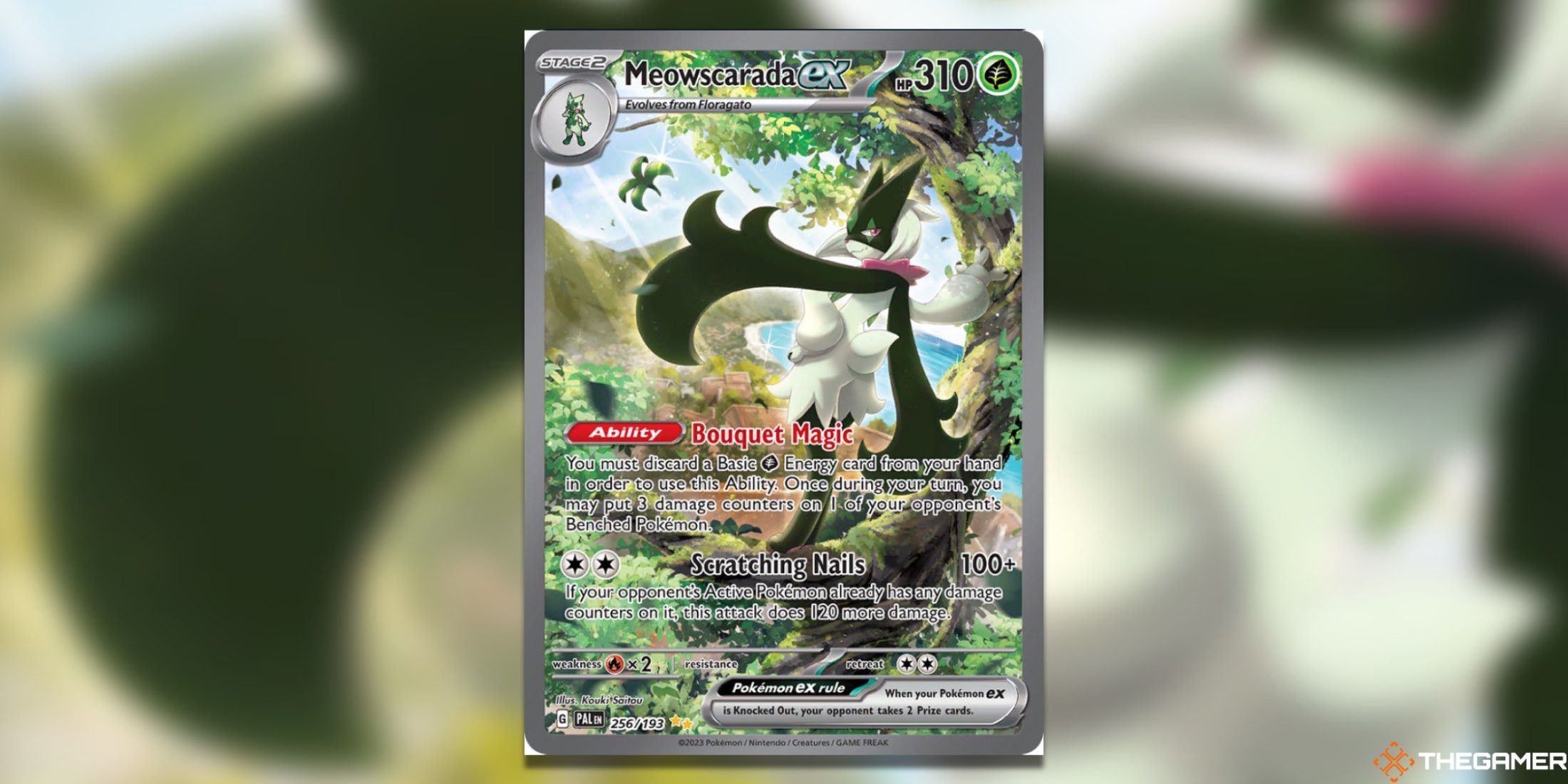 The Paldea Evolved Special Art Rare Meowscarada ex from the Pokemon TCG.