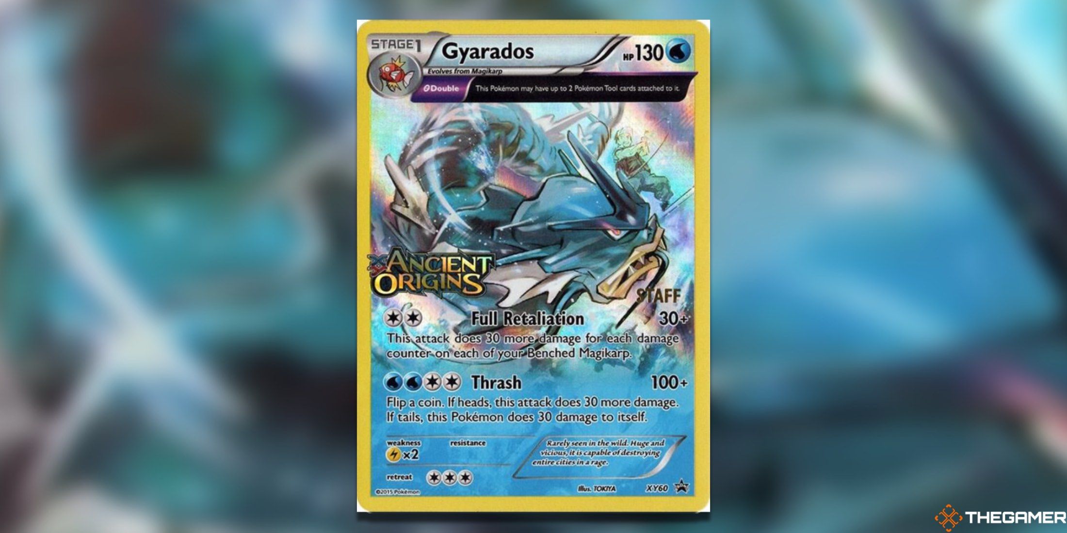 The Prerelease Gyarados Ancient Origins from the Pokemon TCG.