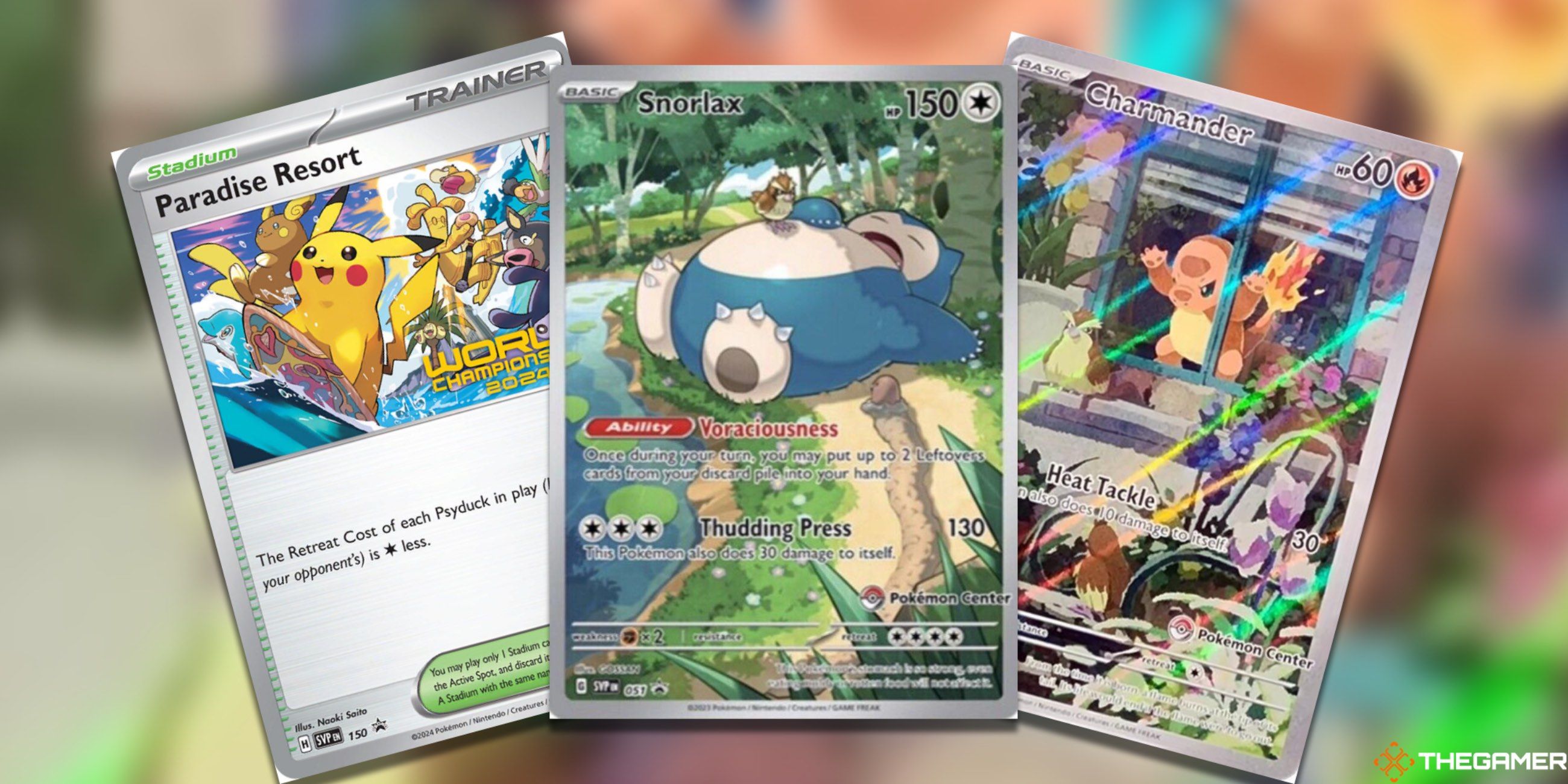 Three fanned out cards: The Paradise Resort, Snorlax, and Charmander Scarlet & Violet Promos from the Pokemon TCG.