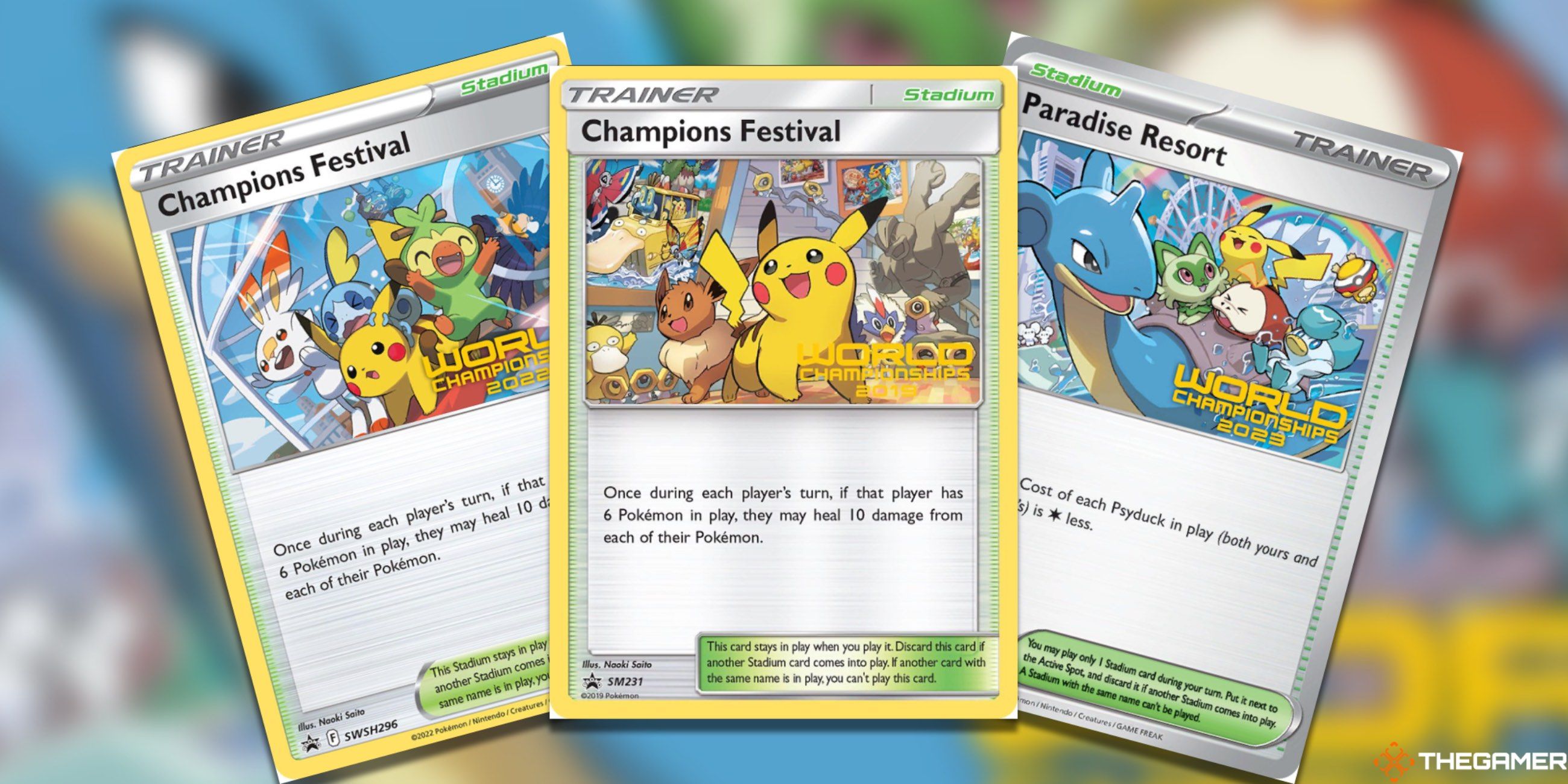 Three fanned out World Championship Cards from the Pokemon TCG.