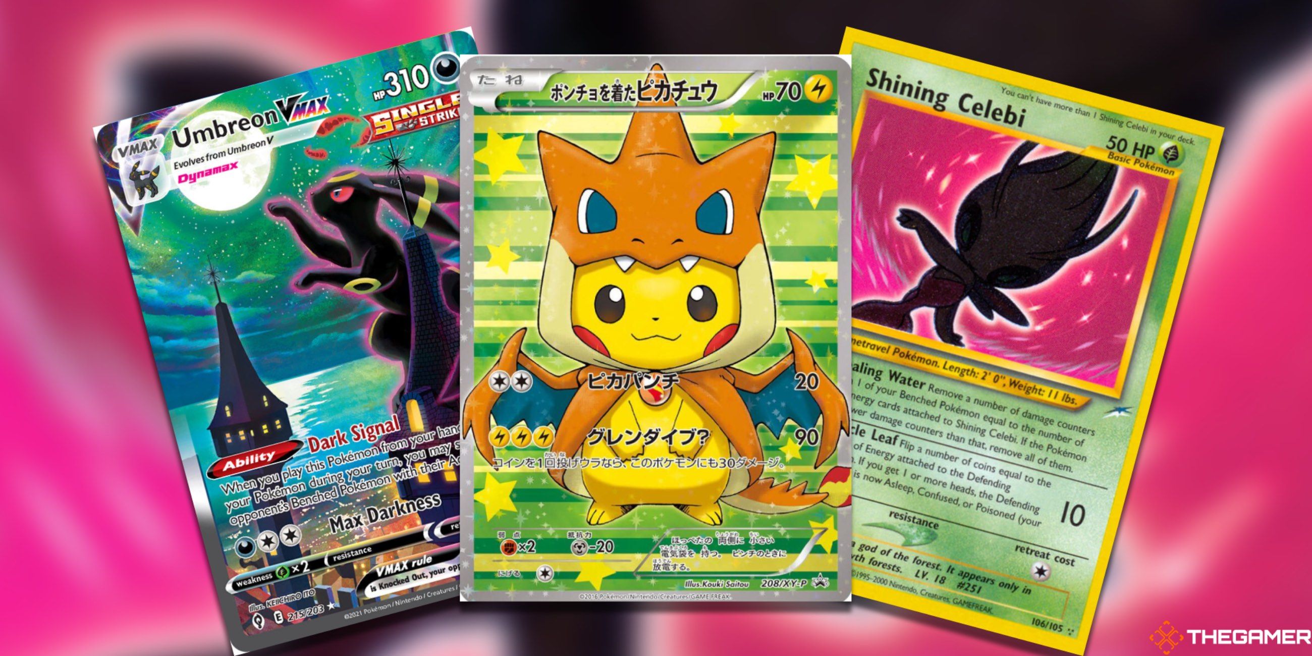 The Umbreon VMAX, M Charizard Y Poncho-wearing Pikachu, and Shining Celebi from Neo Destiny in the Pokemon TCG.