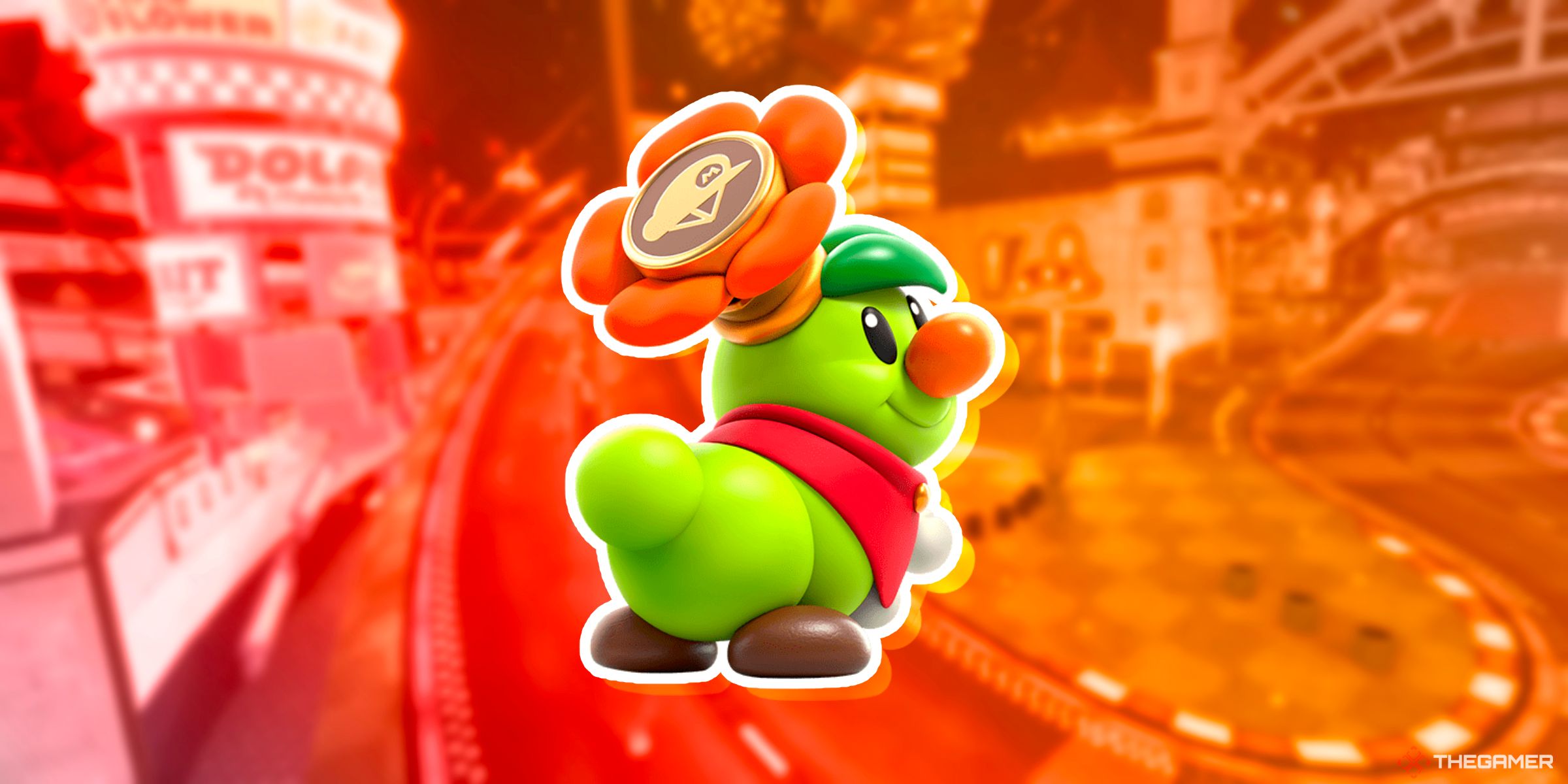Prince Florian Wearing a Badge On Top Of The Track Peach Stadium From Mario Kart World.