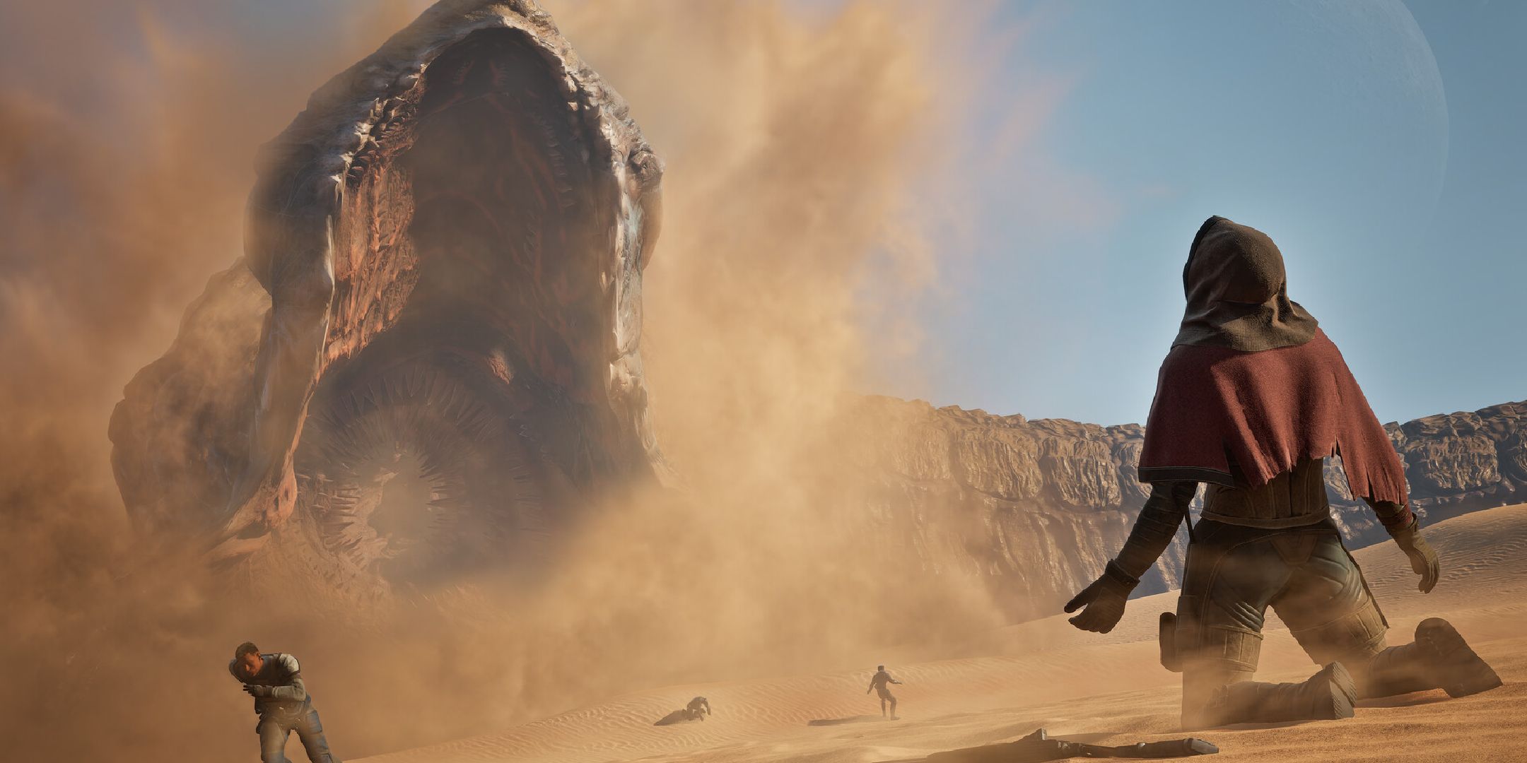 Promotional art from Dune Awakening, showing a sandworm attack.