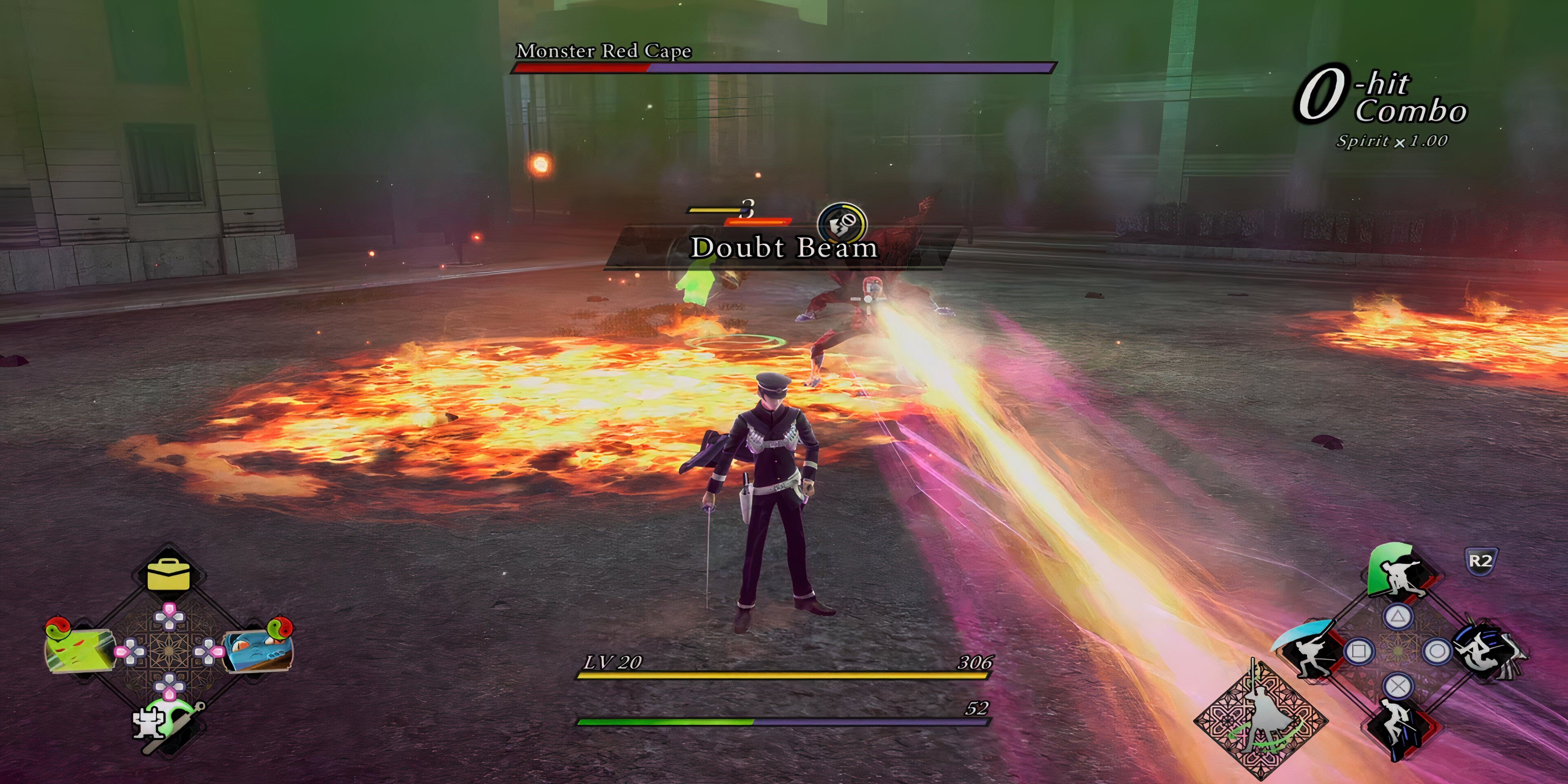 Raidou dodging a doubt beam.