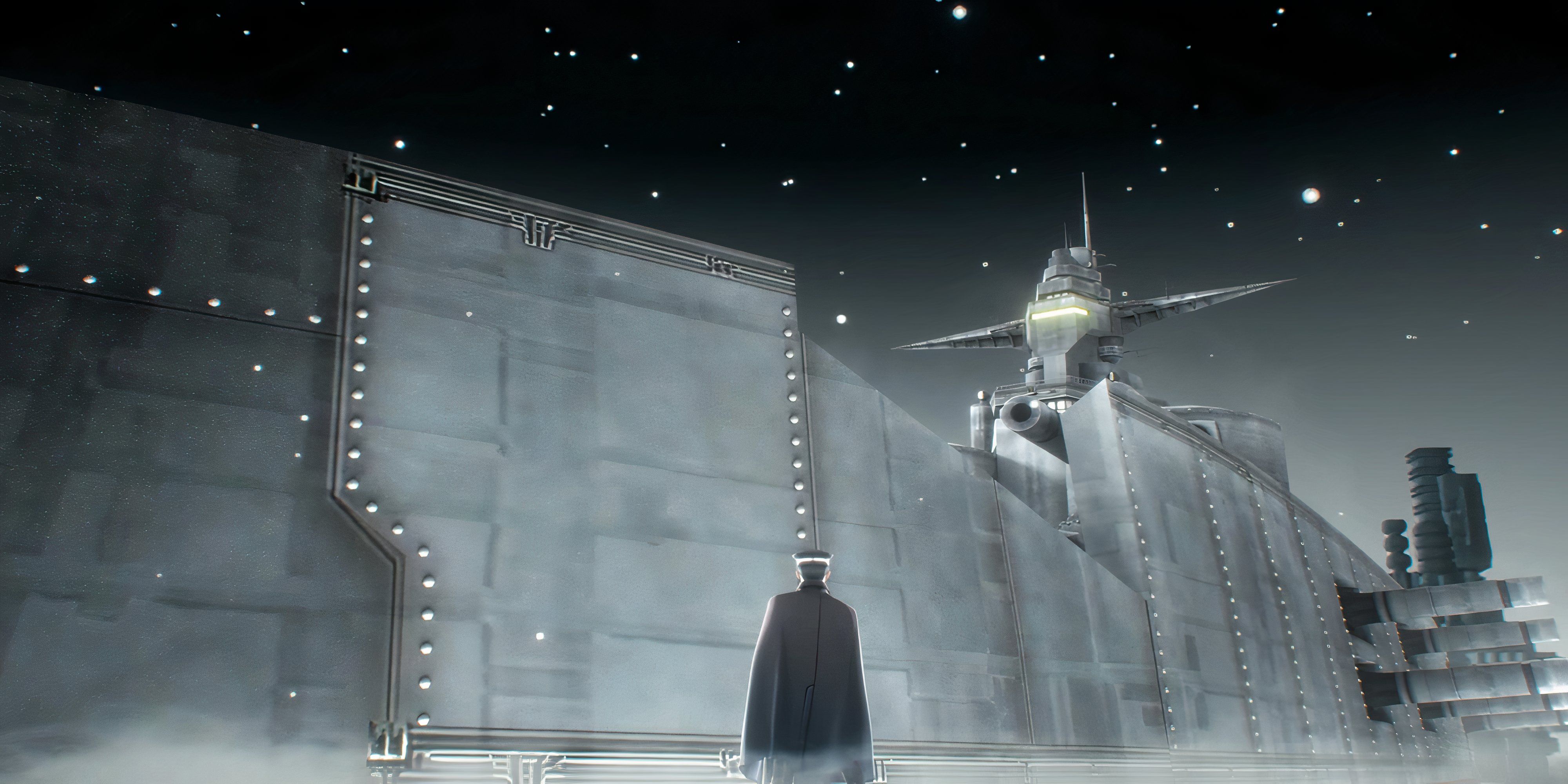 raidou standing in front of a giant battleship.