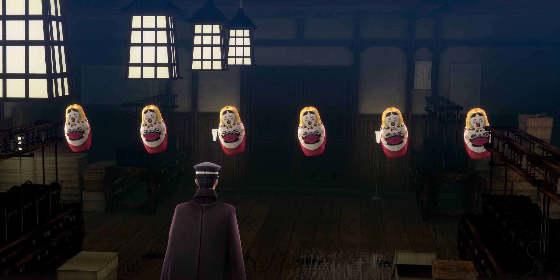 raidou staring at dolls in a haunted factory.