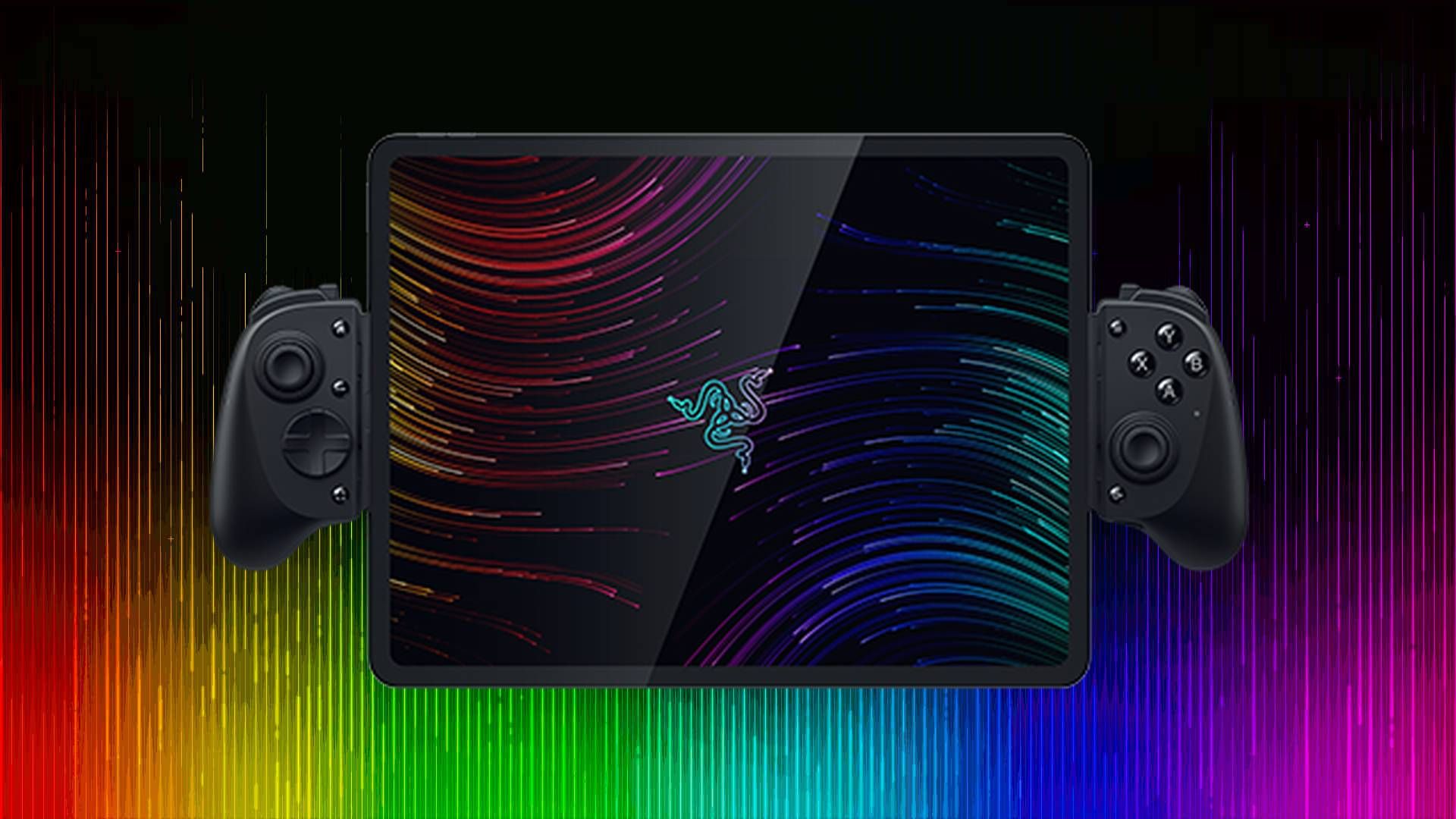 Razer Kishi V3 Pro XL On A Rainbow Background.