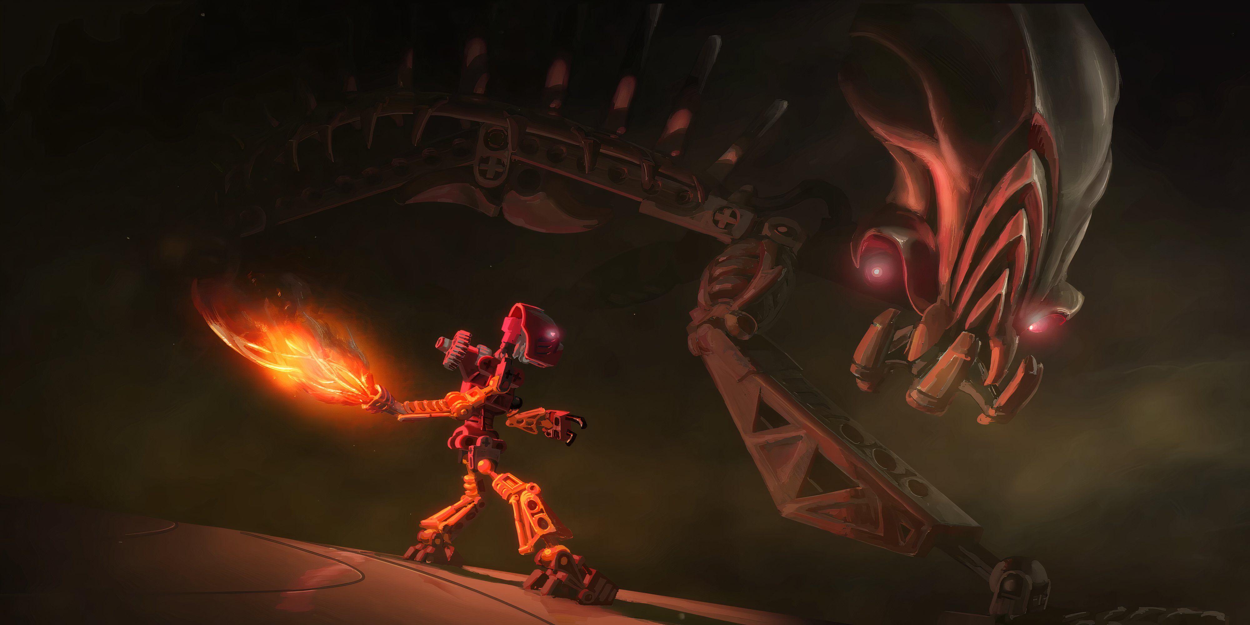 Red Bionicle holding a flaming sword facing a giant bionicle creature.