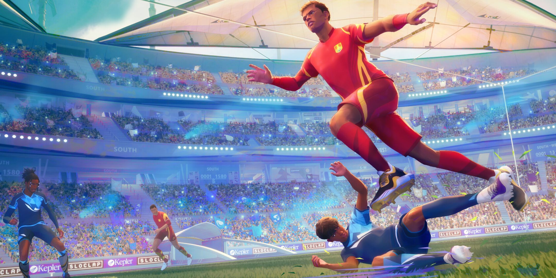 A player on the red team leaping over a tackle from a blue team player, fom the game Rematch.