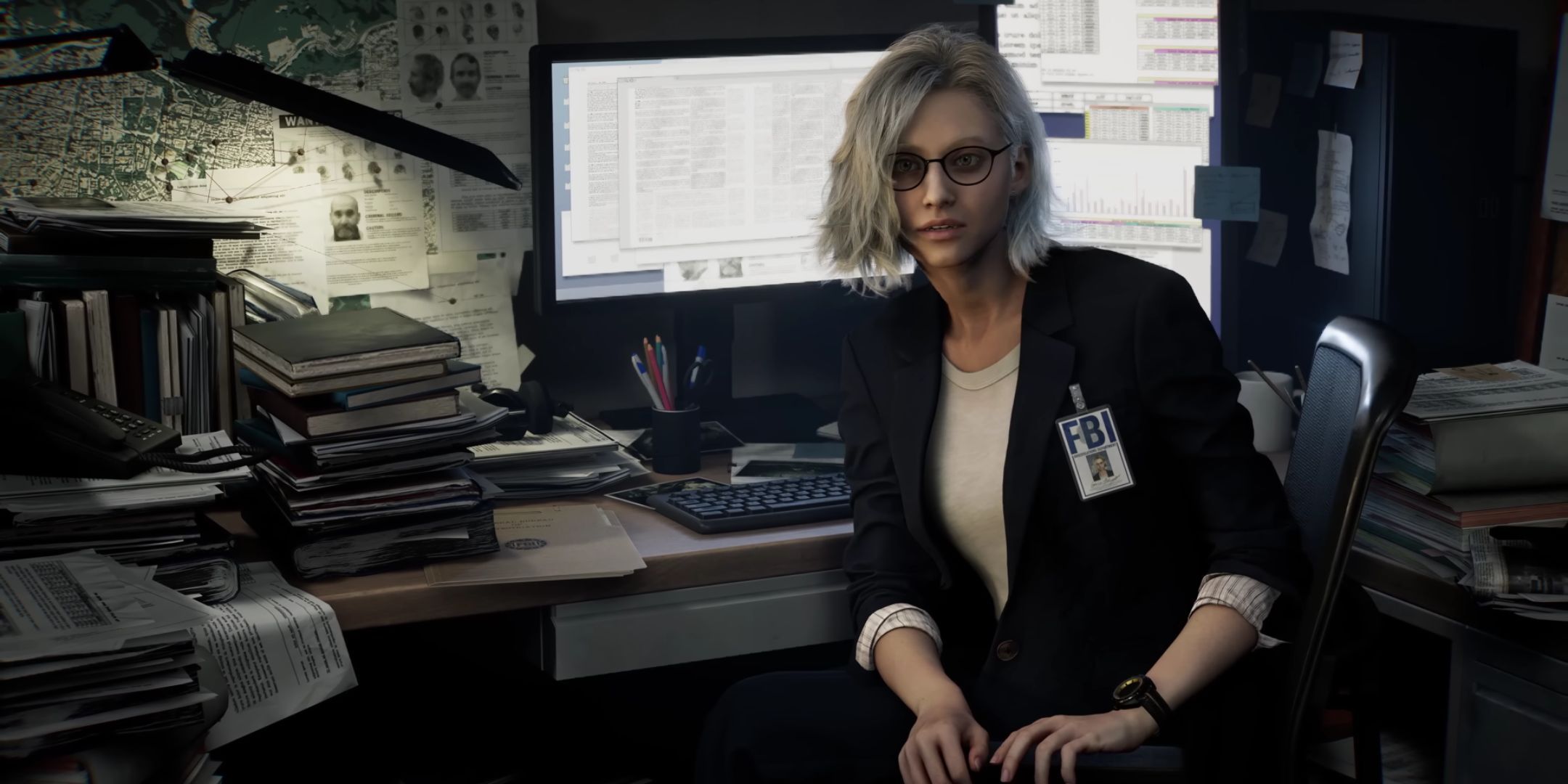 Grace Ashcroft sitting at a desk in Resident Evil Requiem.