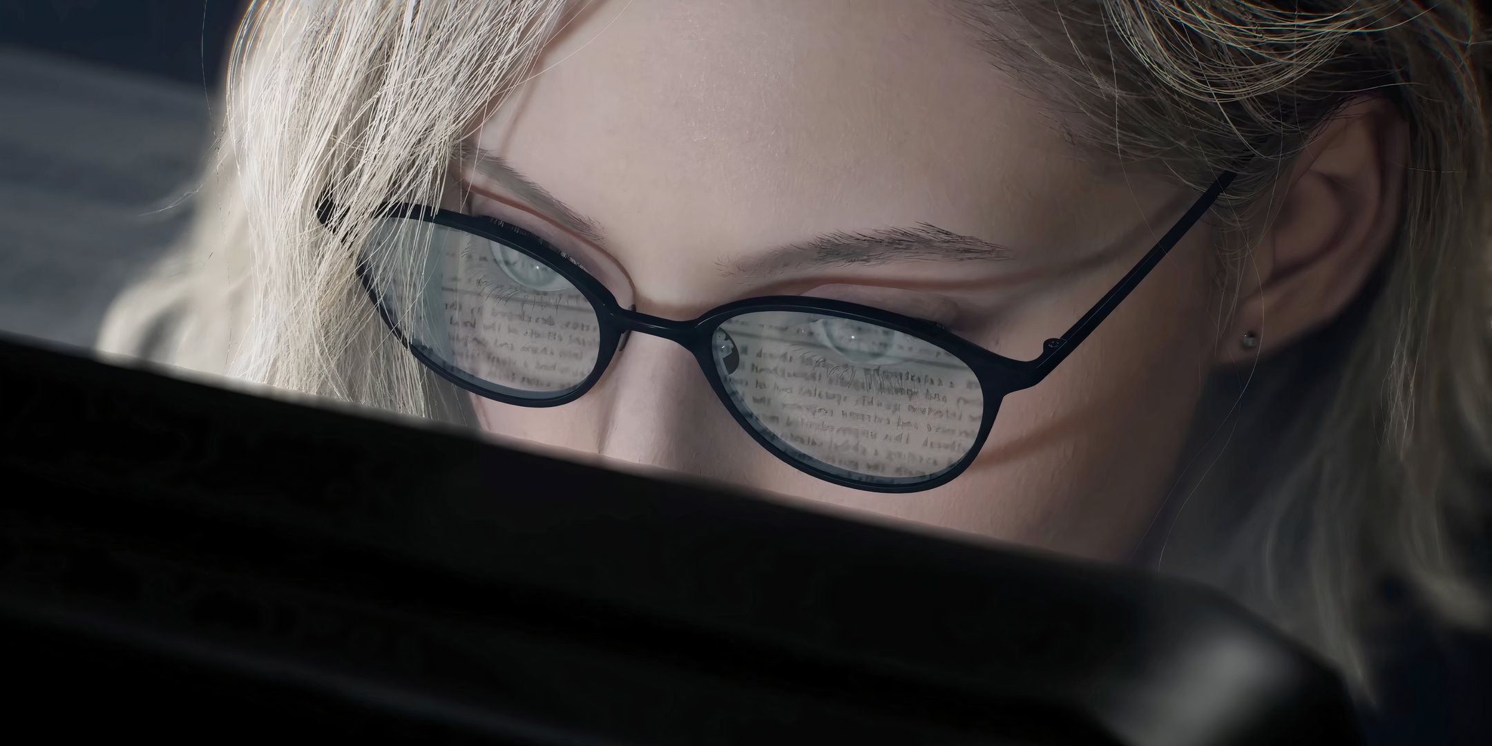 Grace Ashcroft looking at her computer in Resident Evil Requiem.