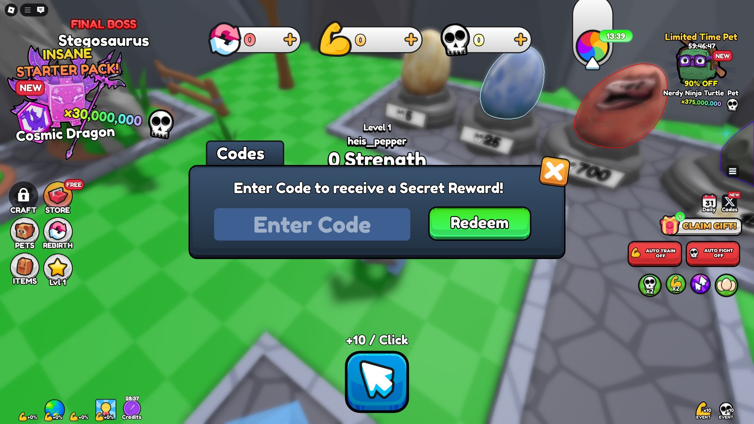 the codes box in Kill A Creature on Roblox
