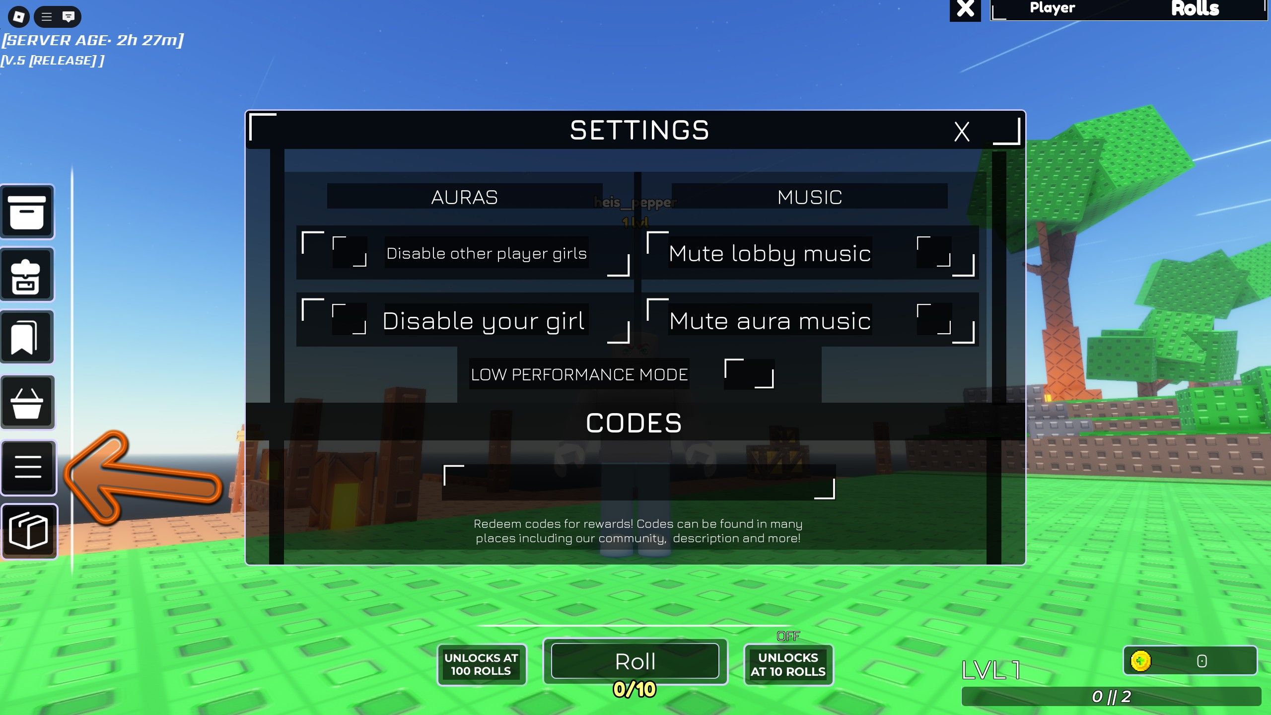 the settings in Auruzz RNG on Roblox