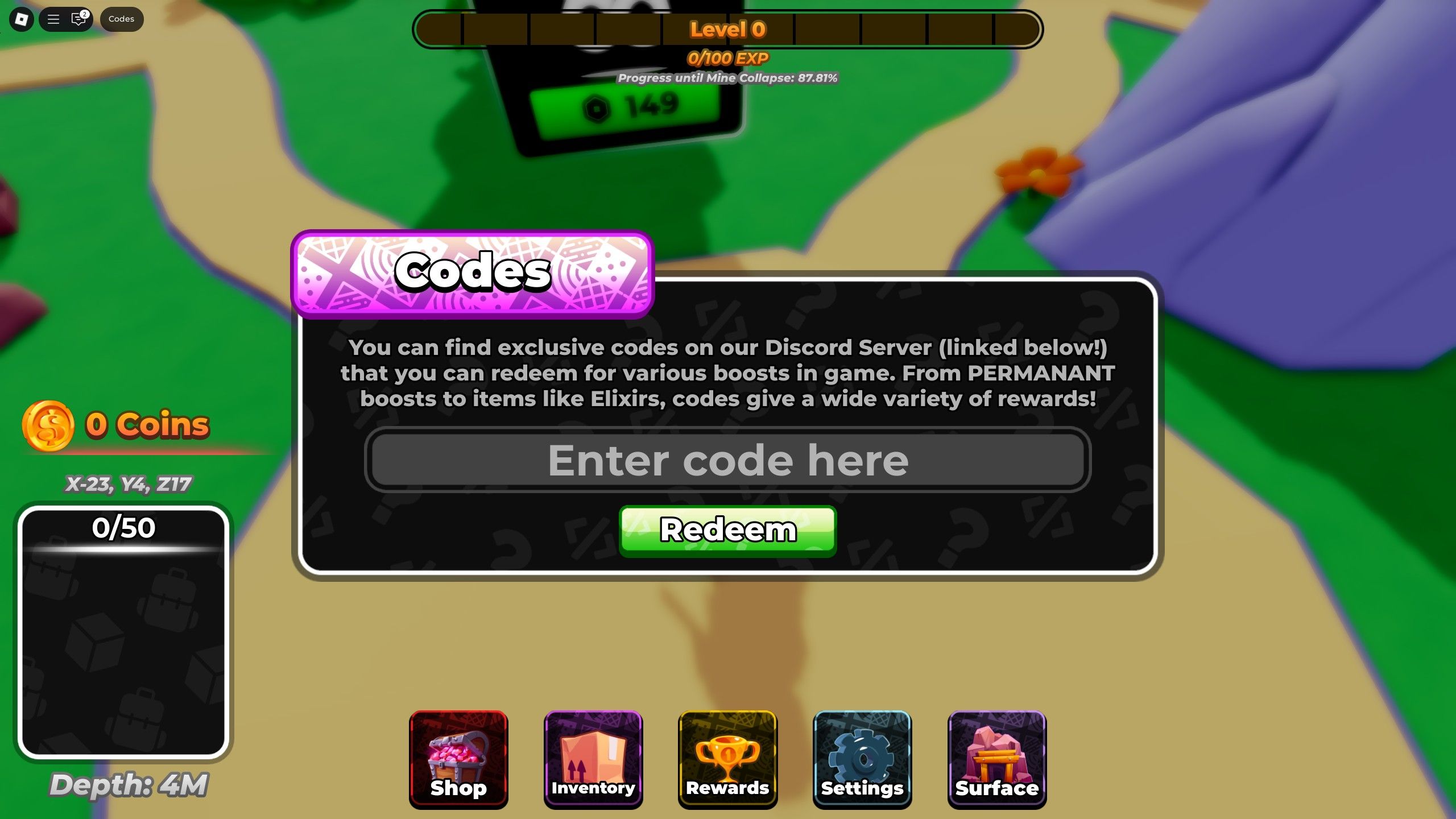 the codes box in Infinite Mining Incremental on Roblox