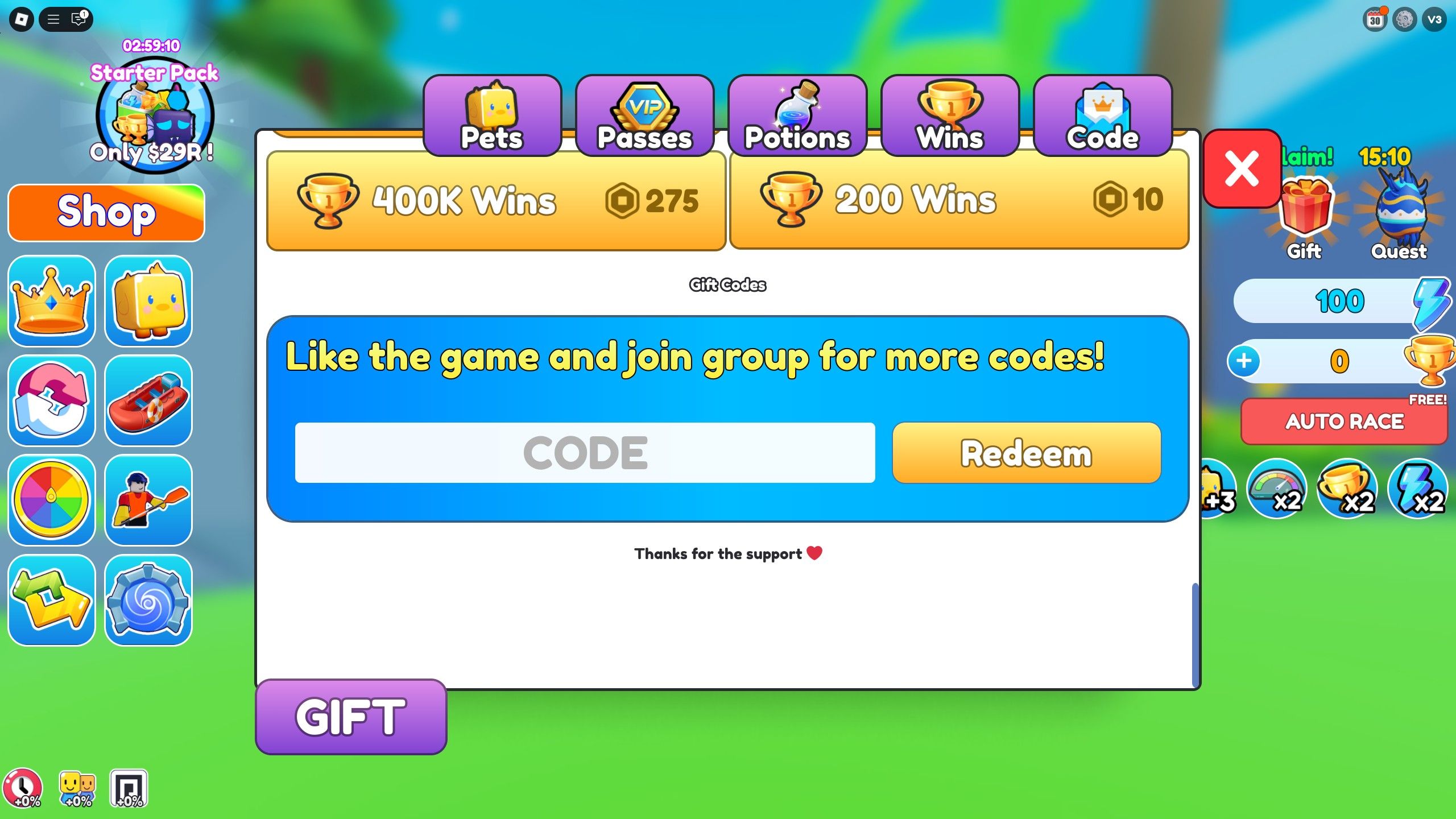 the codes box in Kayak Racing on Roblox