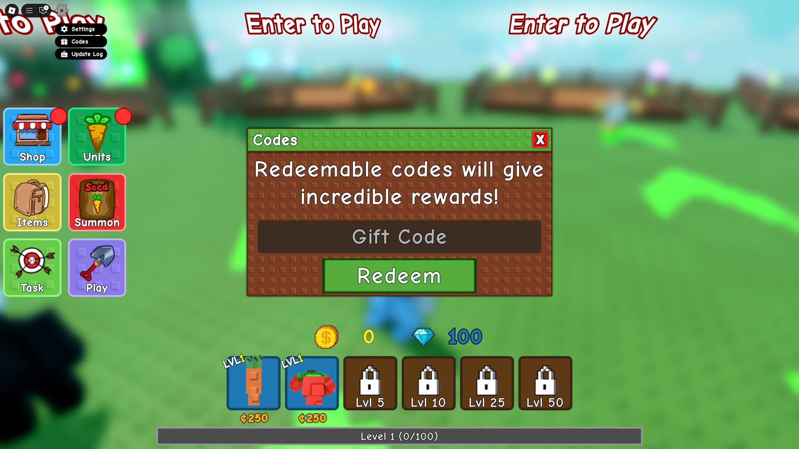 the codes box in Garden Tower Defense on Roblox
