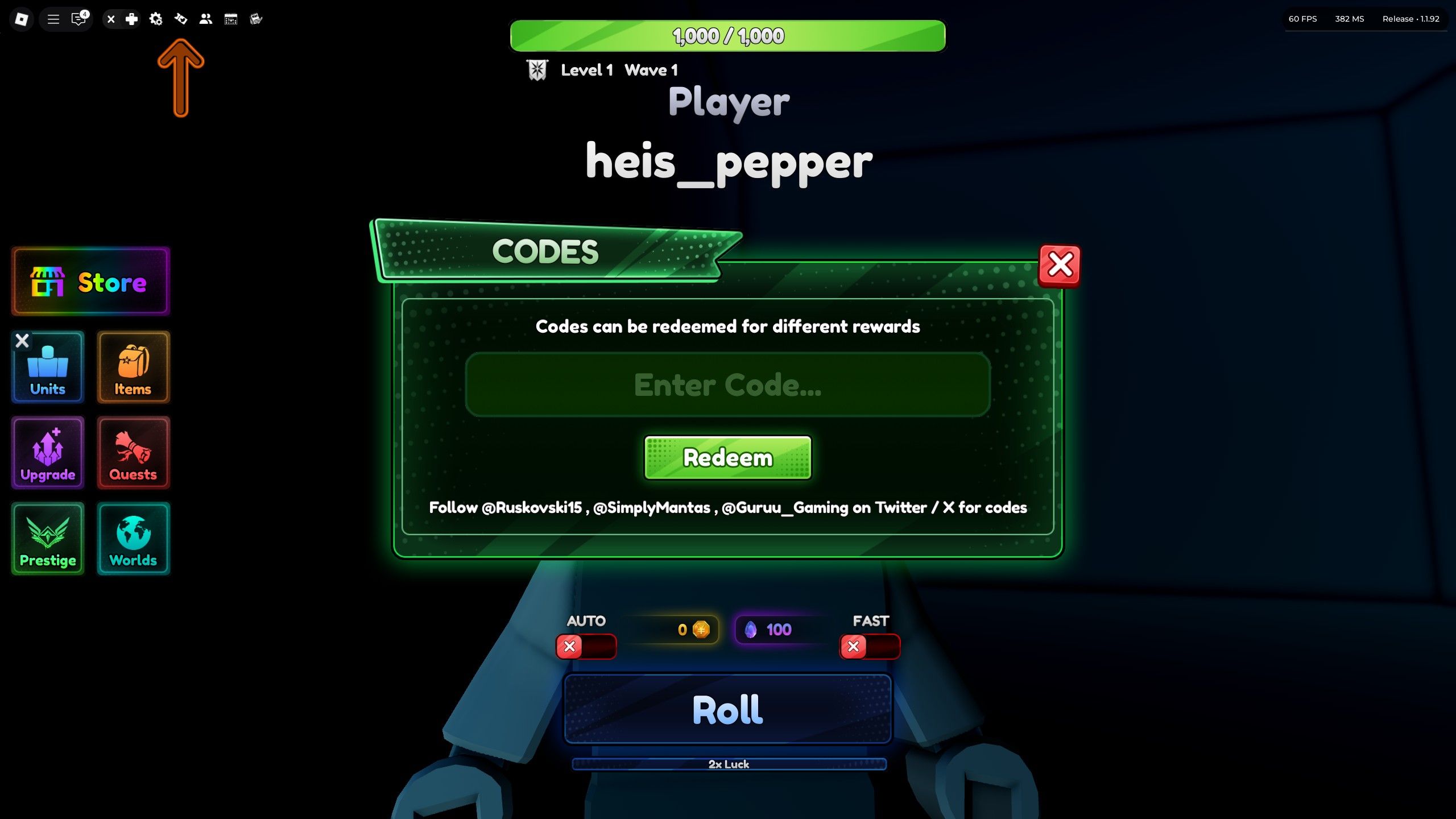 the codes box in Anime Defense RNG on Roblox