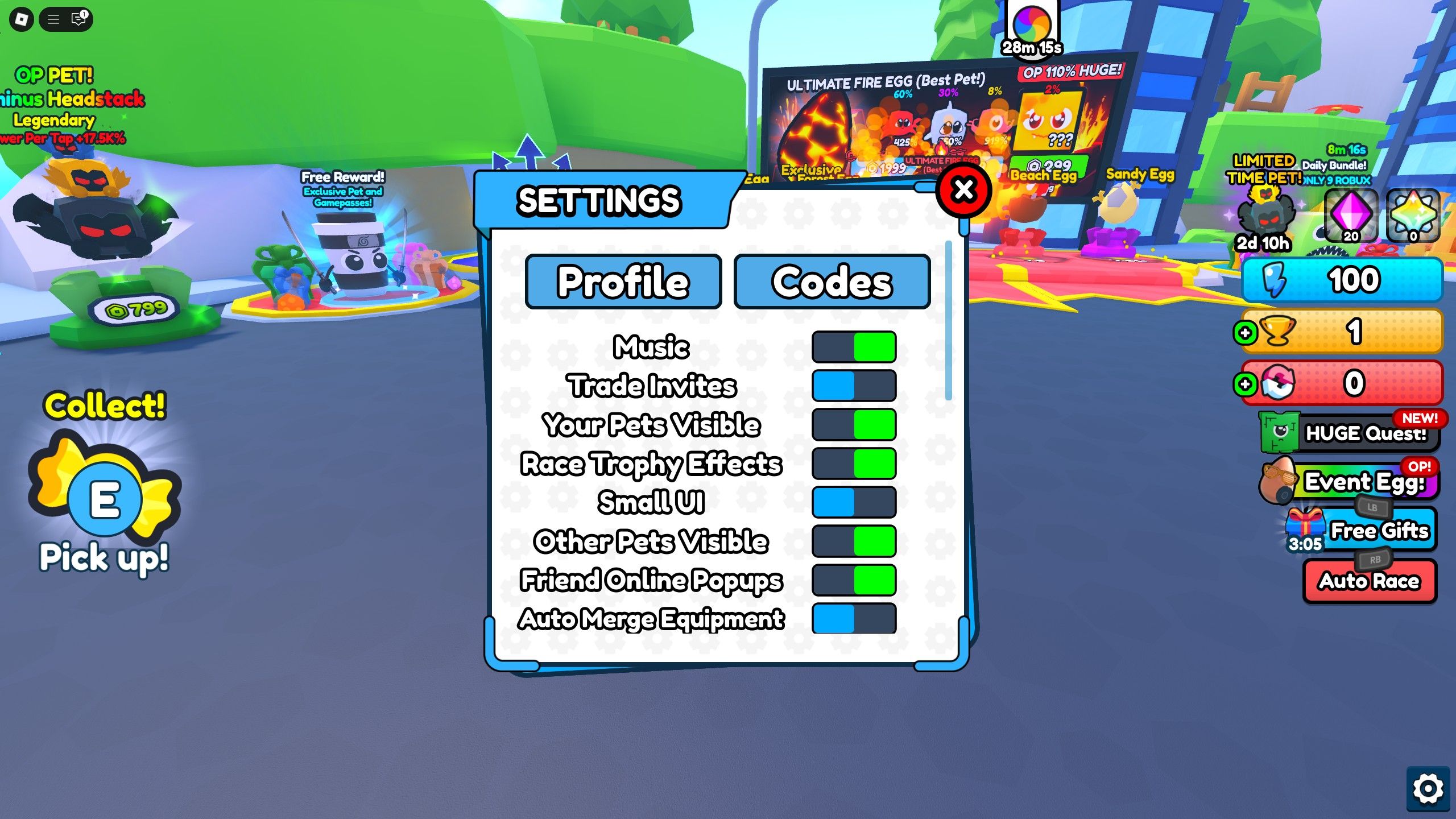 the settings menu in Gym Training on Roblox