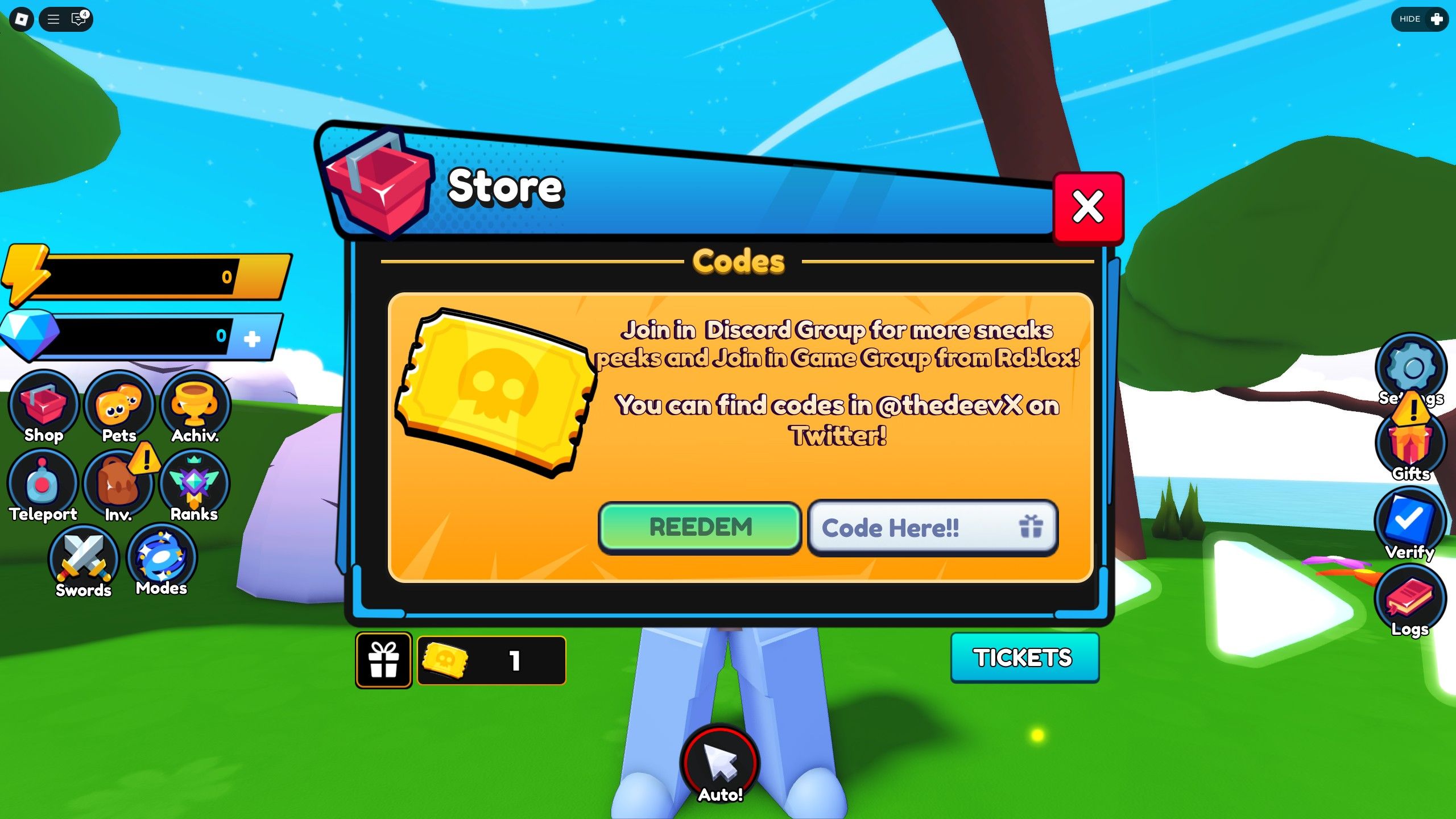 the codes box in Anime Verse X on Roblox