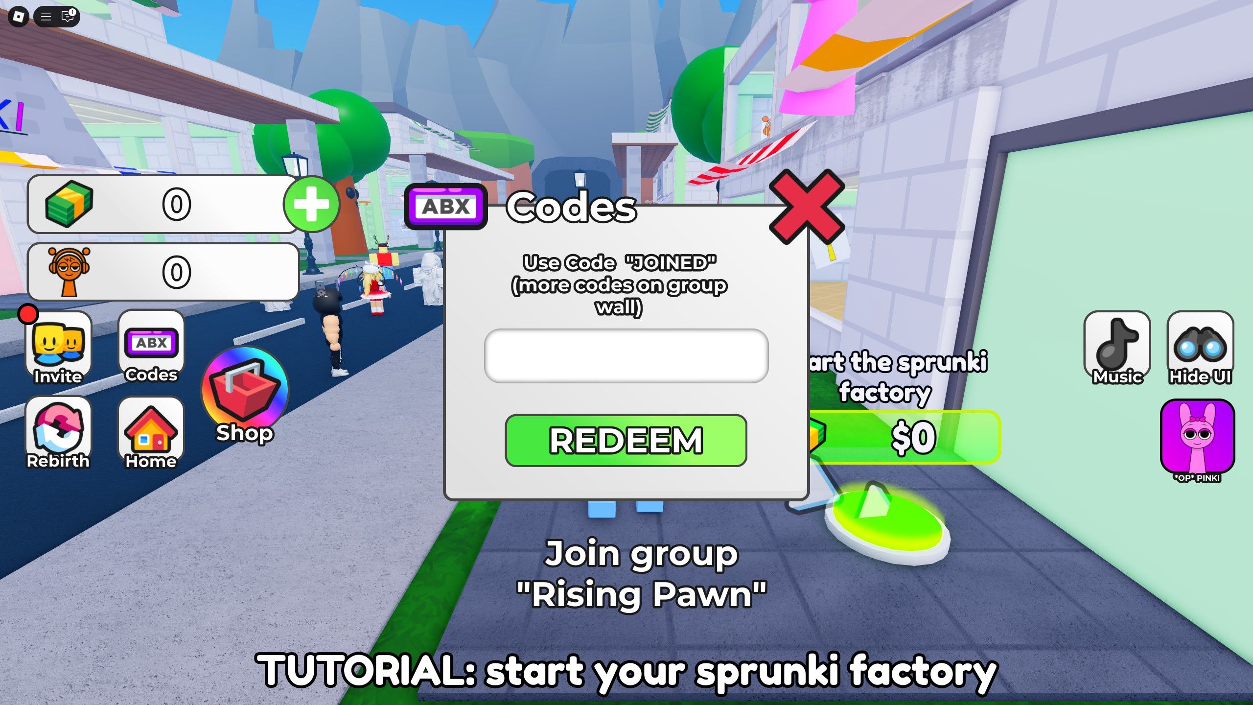 the codes box in Make a Sprunki Tycoon on Roblox