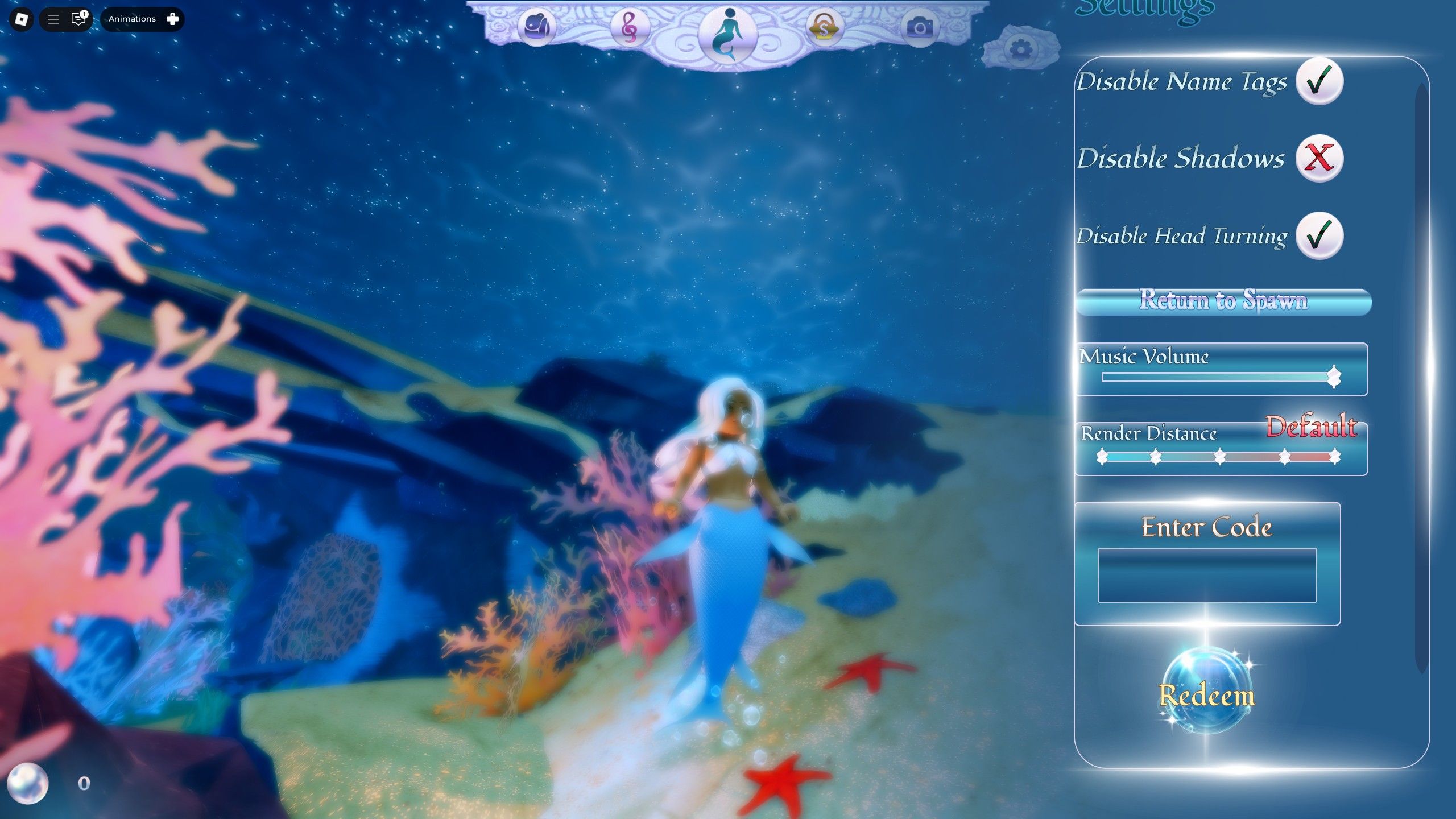 the settings menu in Mermaid Isle on Roblox