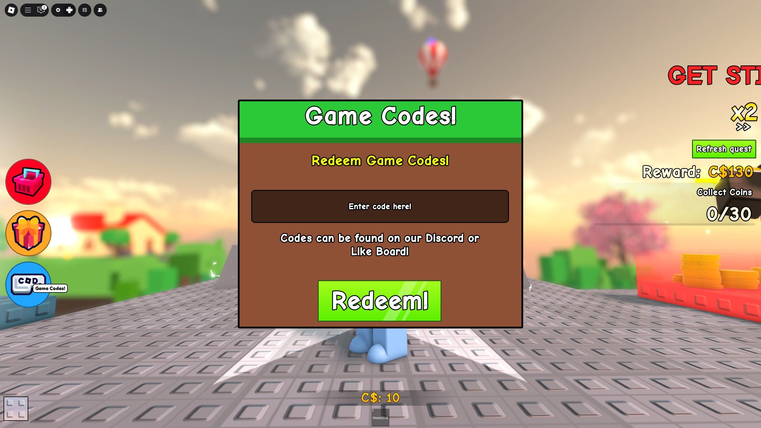 the codes box in Stick Battles on Roblox