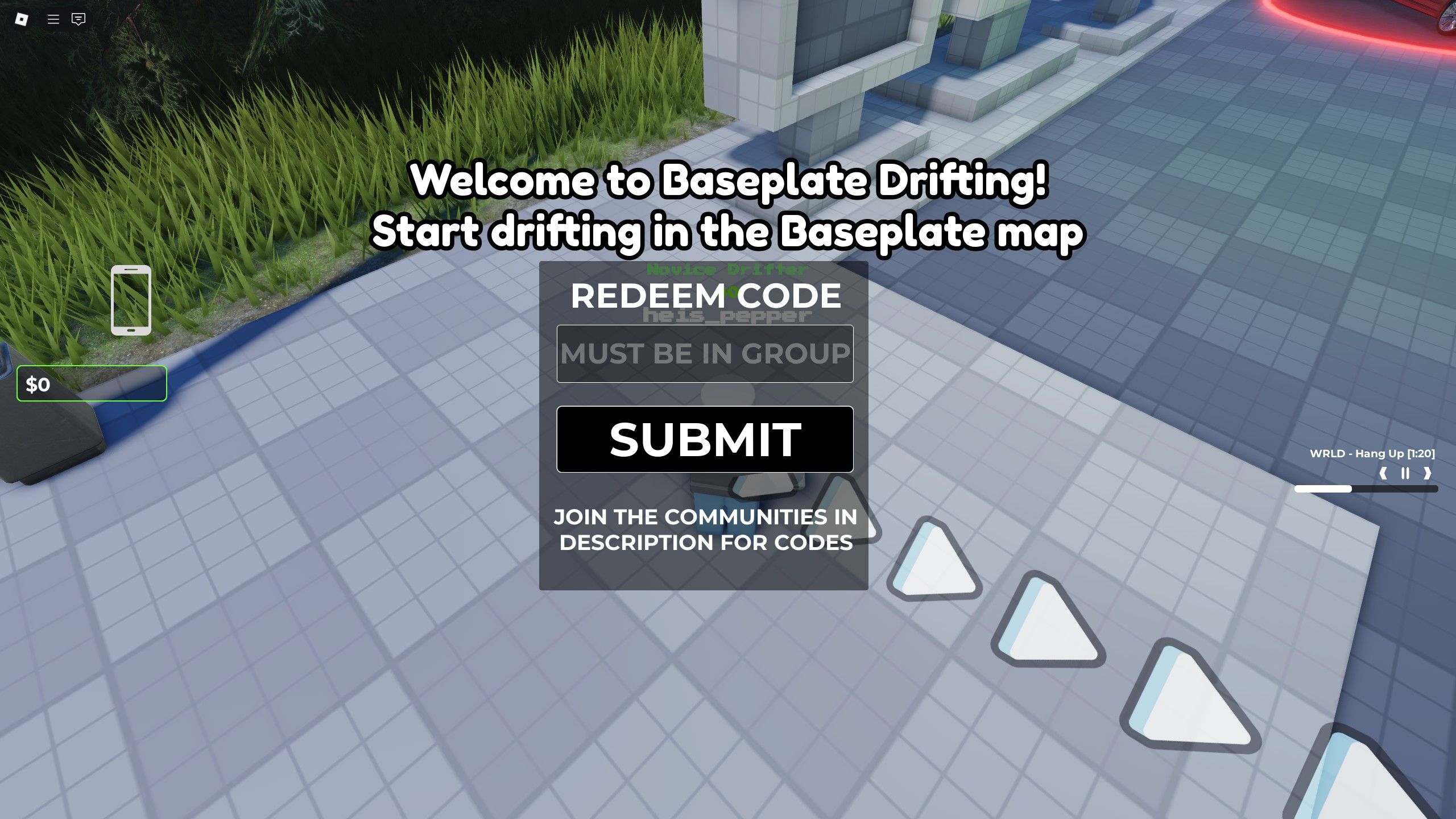the codes box in Baseplate Drifting on Roblox