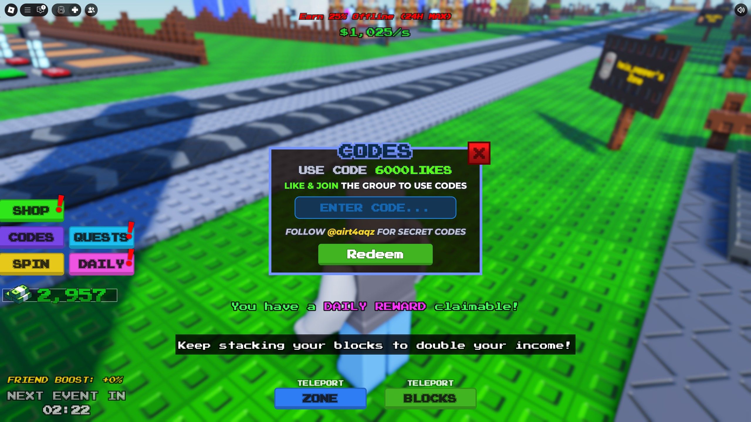 the codes box in Stack the Blocks on Roblox