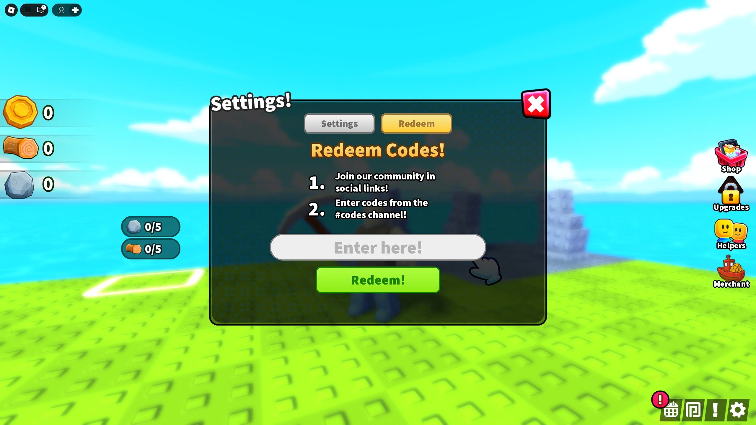 the codes box in Build An Island on Roblox