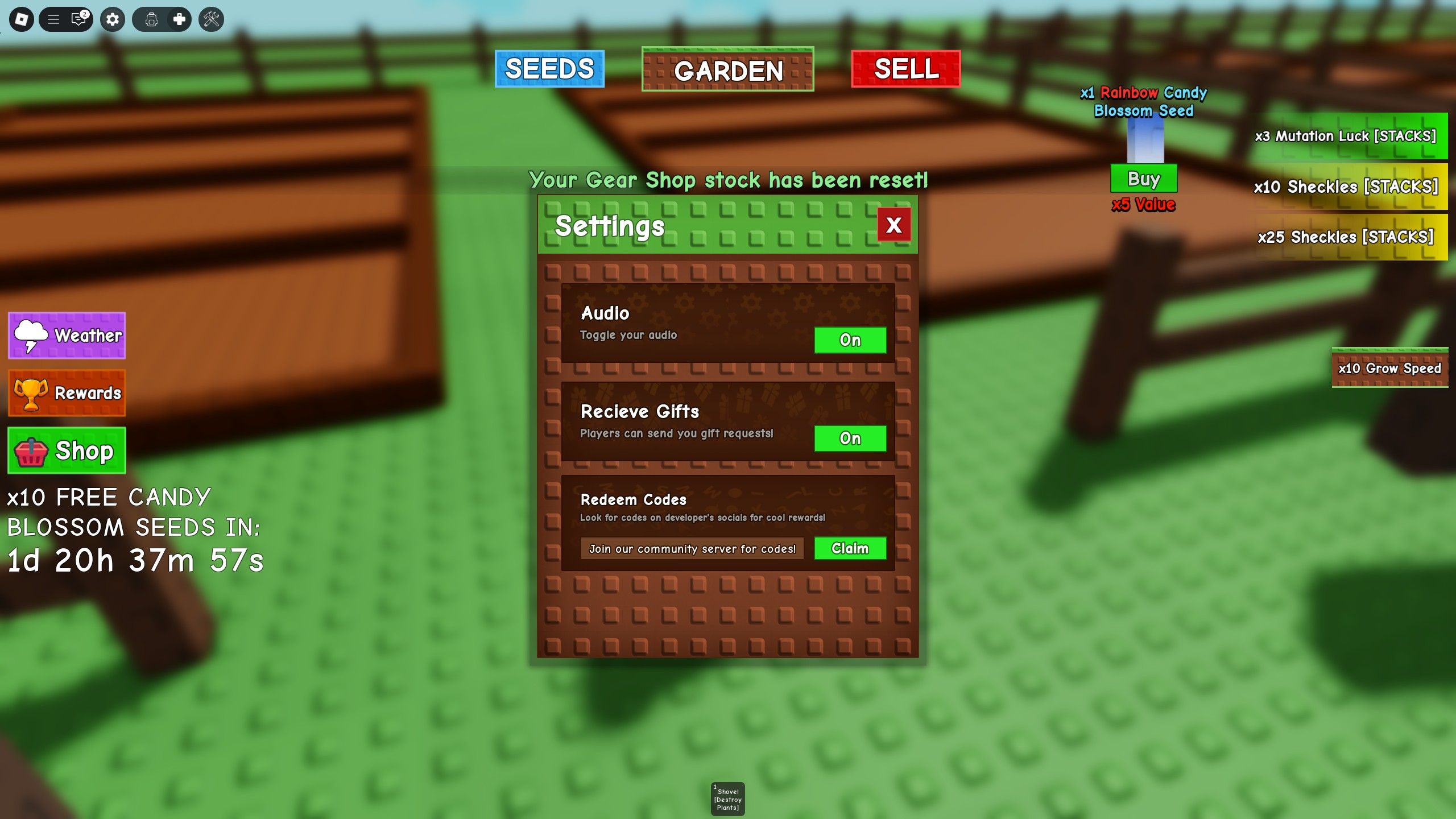 the settings in PETS Grow a Garden MODDED on Roblox 