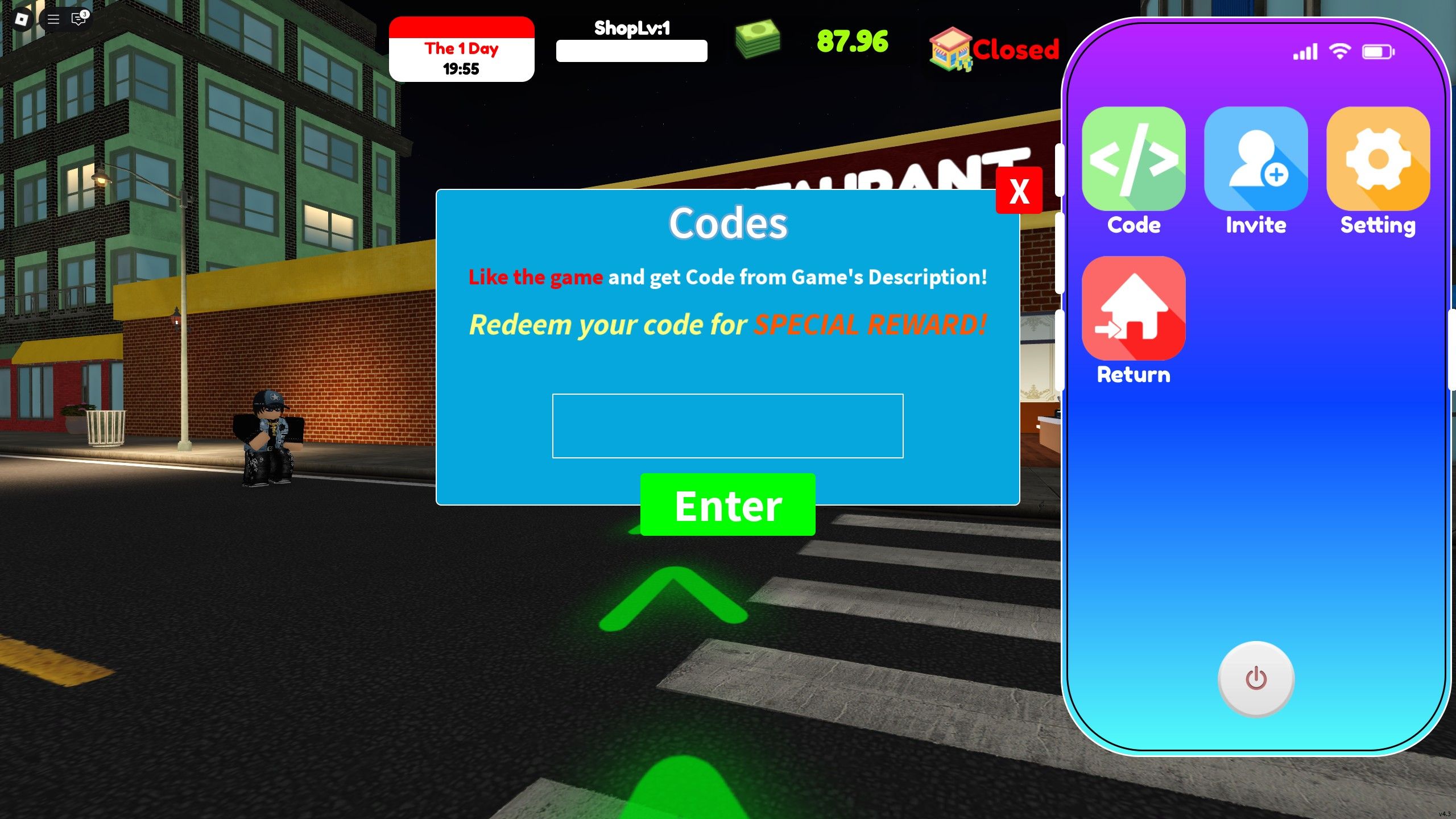 the codes box in Restaurant Simulator on Roblox