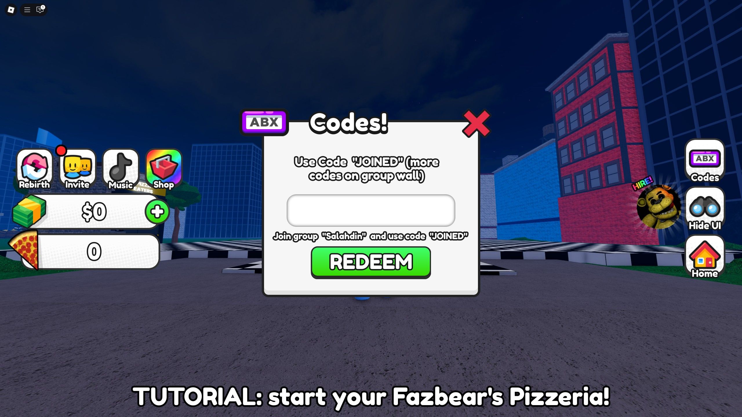 the codes box in Own FNAF and Prove Mom Wrong on Roblox