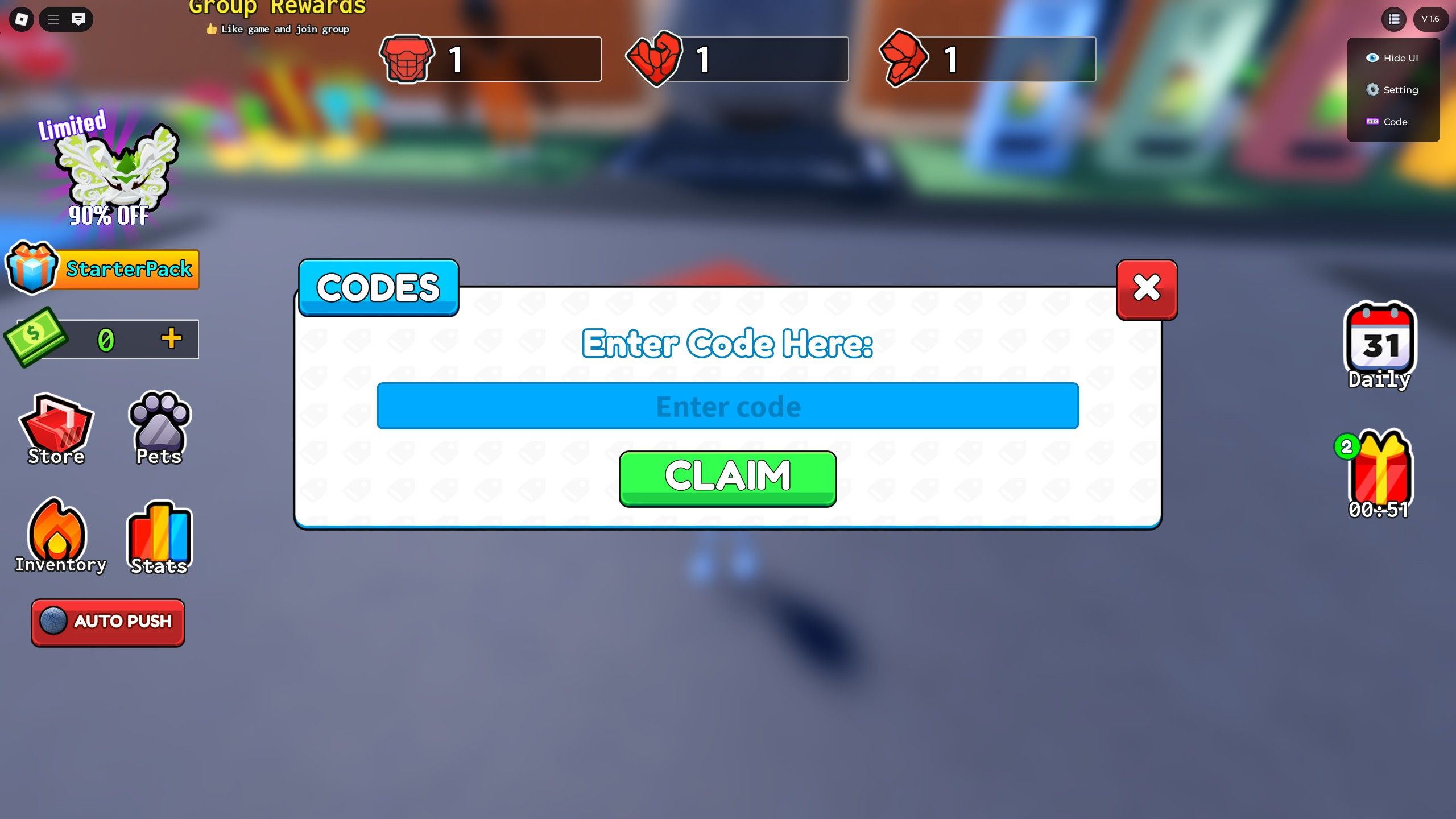 the codes box in Push A Rock on Roblox