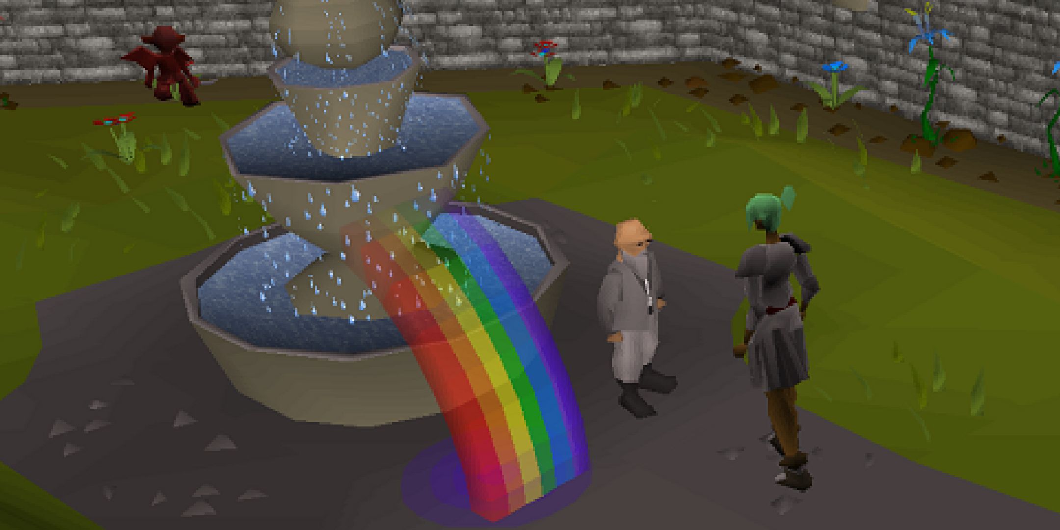 RuneScape rainbow arching out of a water fountain by two characters.