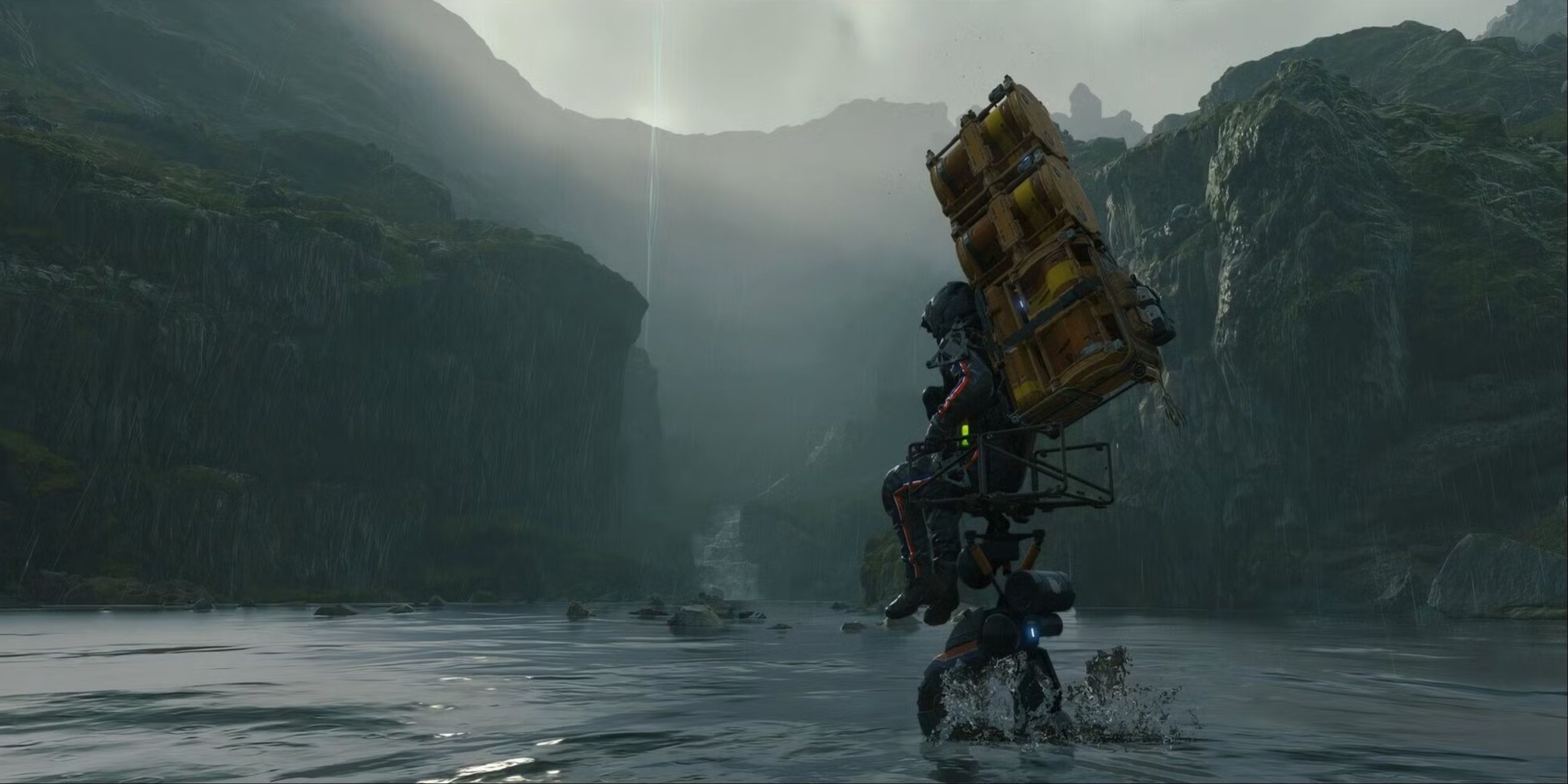 Sam Bridges on a unicycle-type vehicle transporting cargo in Death Stranding.