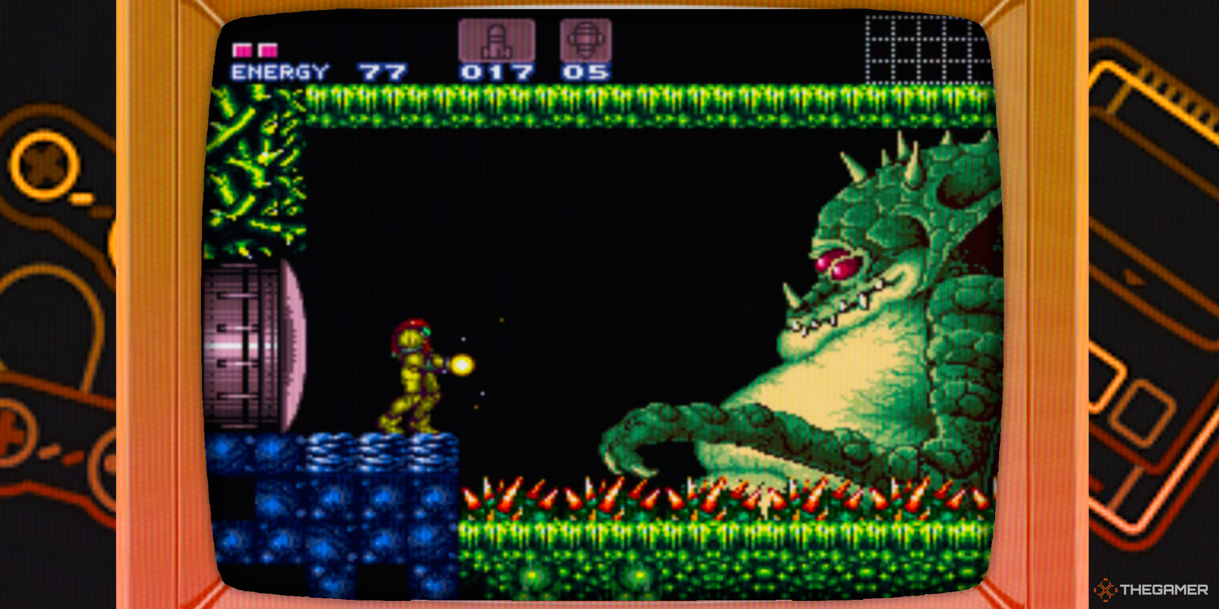 Samus Aran facing off against Kraid in Super Metroid inside of a CRT TV.