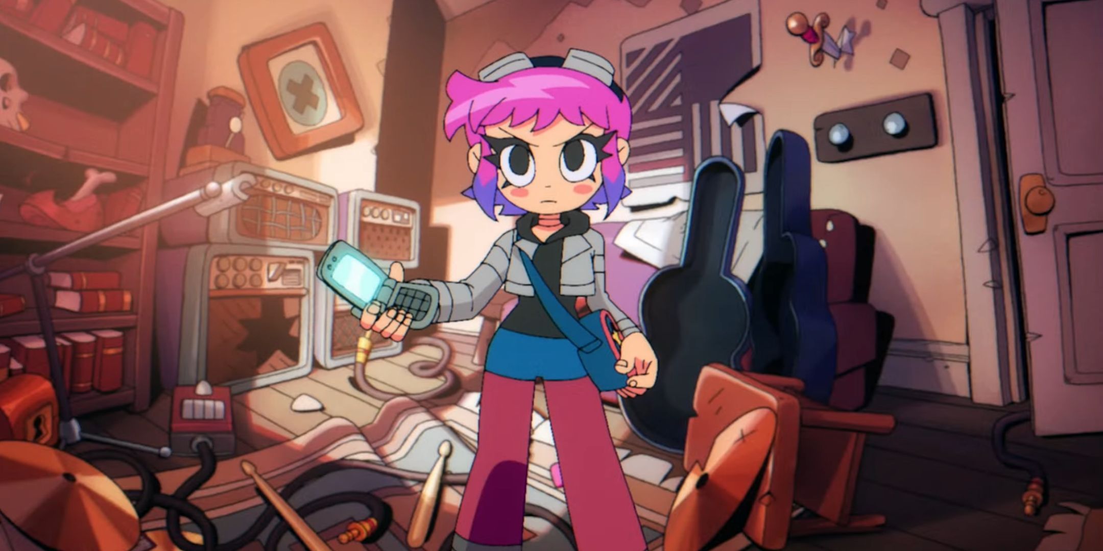 Ramona Flowers holding a flip phone in Scott Pilgrim EX