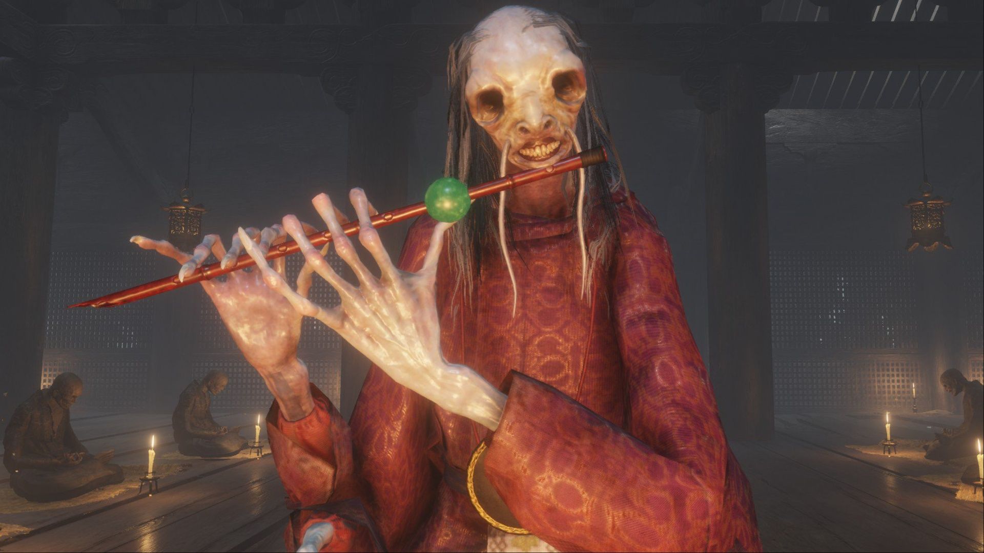 The Mist Noble playing a flute, creating illusions in Sekiro: Shadows Die Twice.
