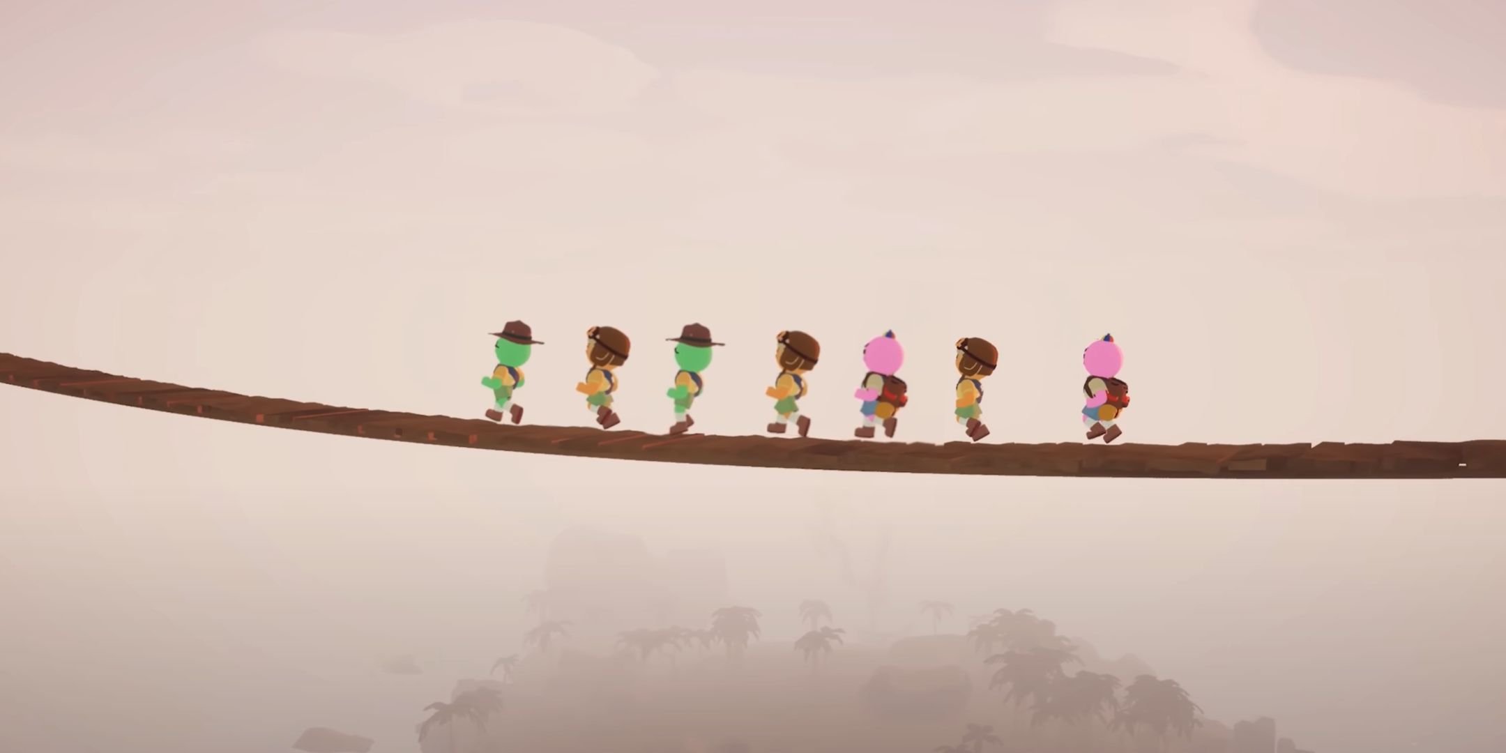 Seven characters cross a bridge in Peak.